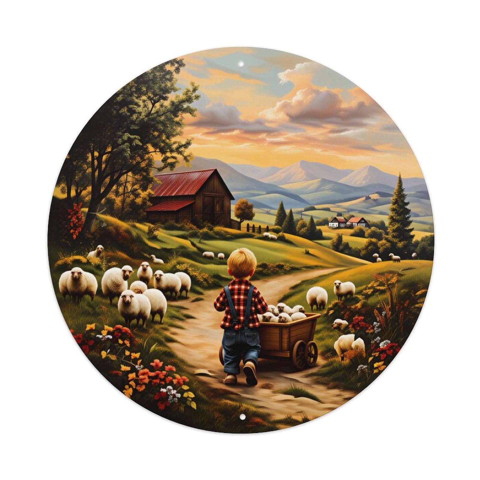 Pastoral Landscape With Sheep And Child Round Tin Sign Vintage Style Metal Sign Home Bar Garden Wall Plaque Decor Metal Poster 8x8 Inch
