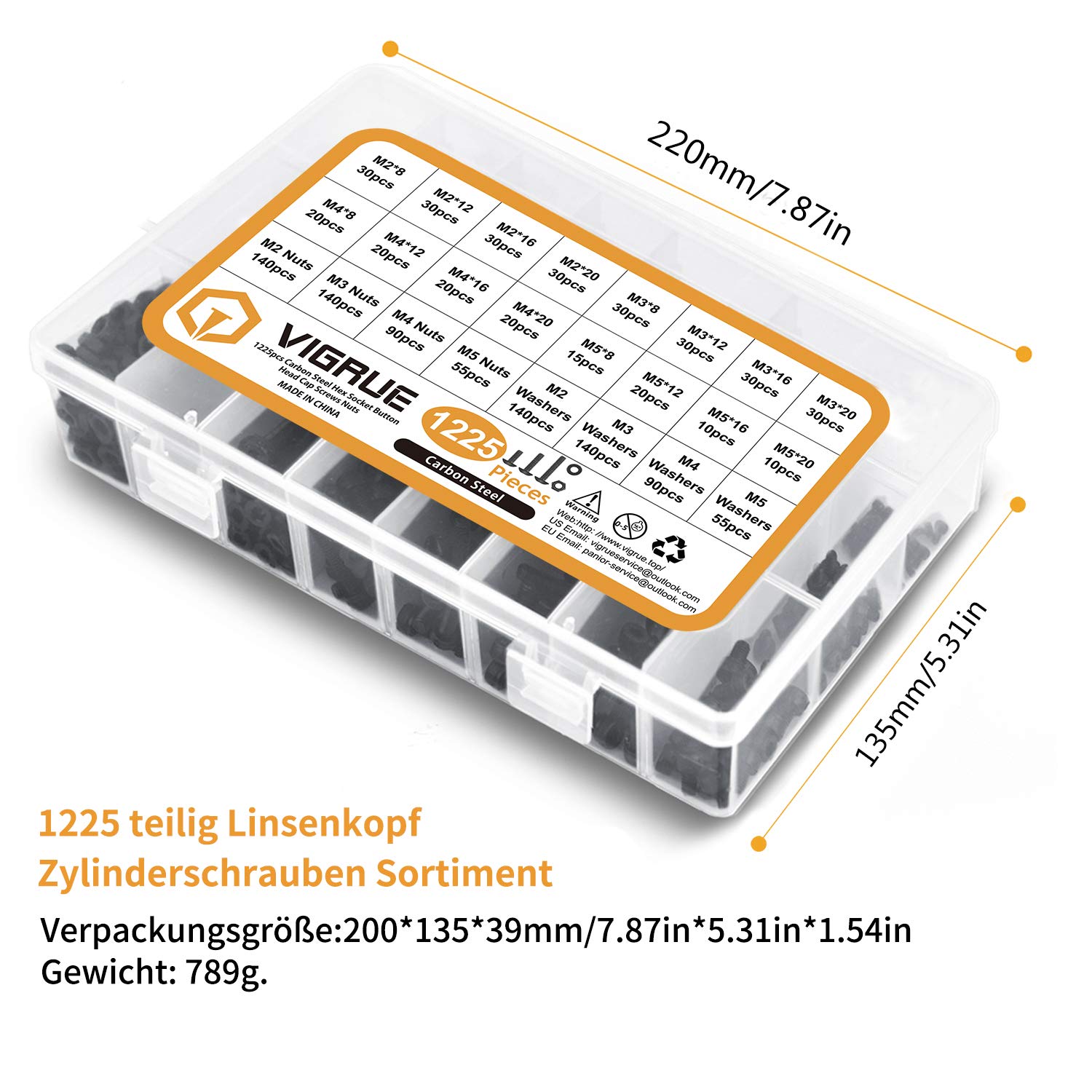 1225-częściowy zestaw śrub cylindrycznych ze stali węglowej M2 M3 M4 M5 z łbem soczewkowym z łbem sześciokątnym z nakrętkami, podkładkami i kluczami imbusowymi w skrzynce asortymentowej VIGRUE