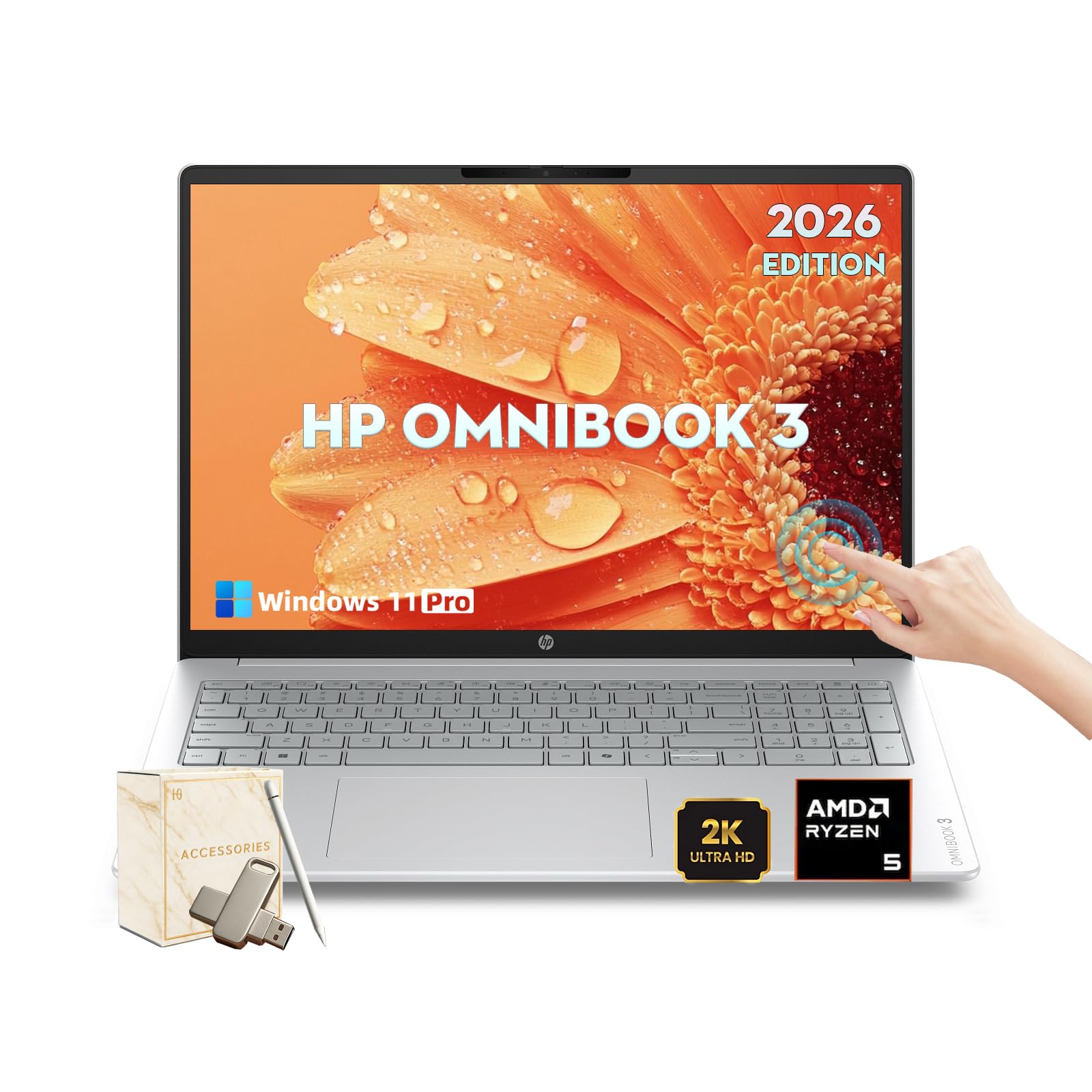 HP OmniBook 16'' Touchscreen Laptop 2026 Edition, 512GB SSD, 8GB LPDDR5 | 128GB External, 16'' 2K IPS Computer, Ryzen 5 40, Win11 Pro, Radeon 610M Graphics, FHD camera, Copilot AI for Business