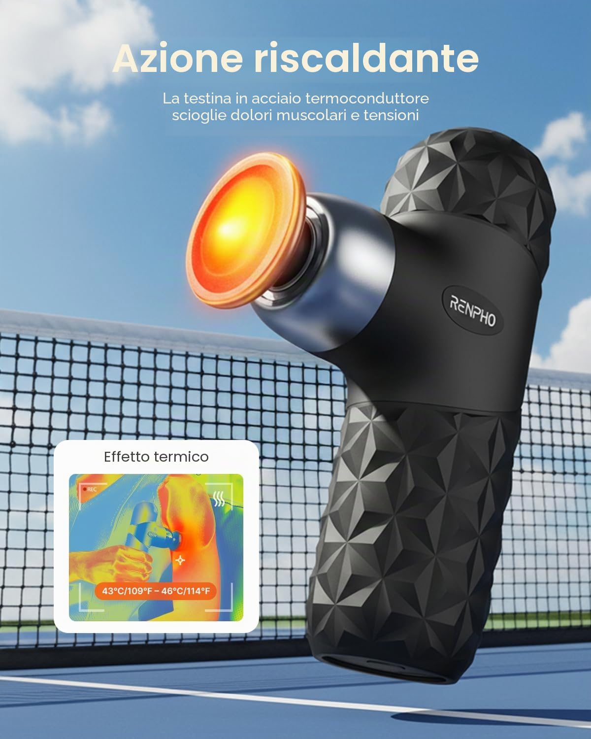 RENPHO Mini Pistola Massaggio Muscolare con funzione calore per relax | Mini Pistola Massaggio Muscolare portatile e silenziosa con 4 velocità, 4 testine e custodia, ideale in viaggio