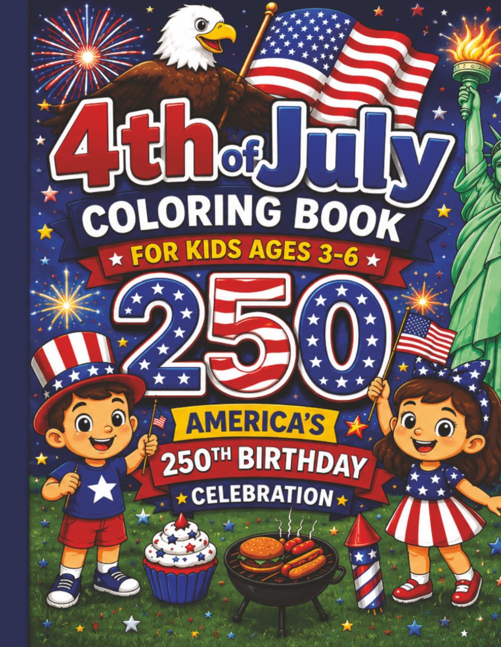 4th of July Coloring Book for Kids Ages 3–6: Bold & Easy America 250th Birthday Coloring Pages with Fireworks, Flags, Eagles, BBQs & Patriotic Fun