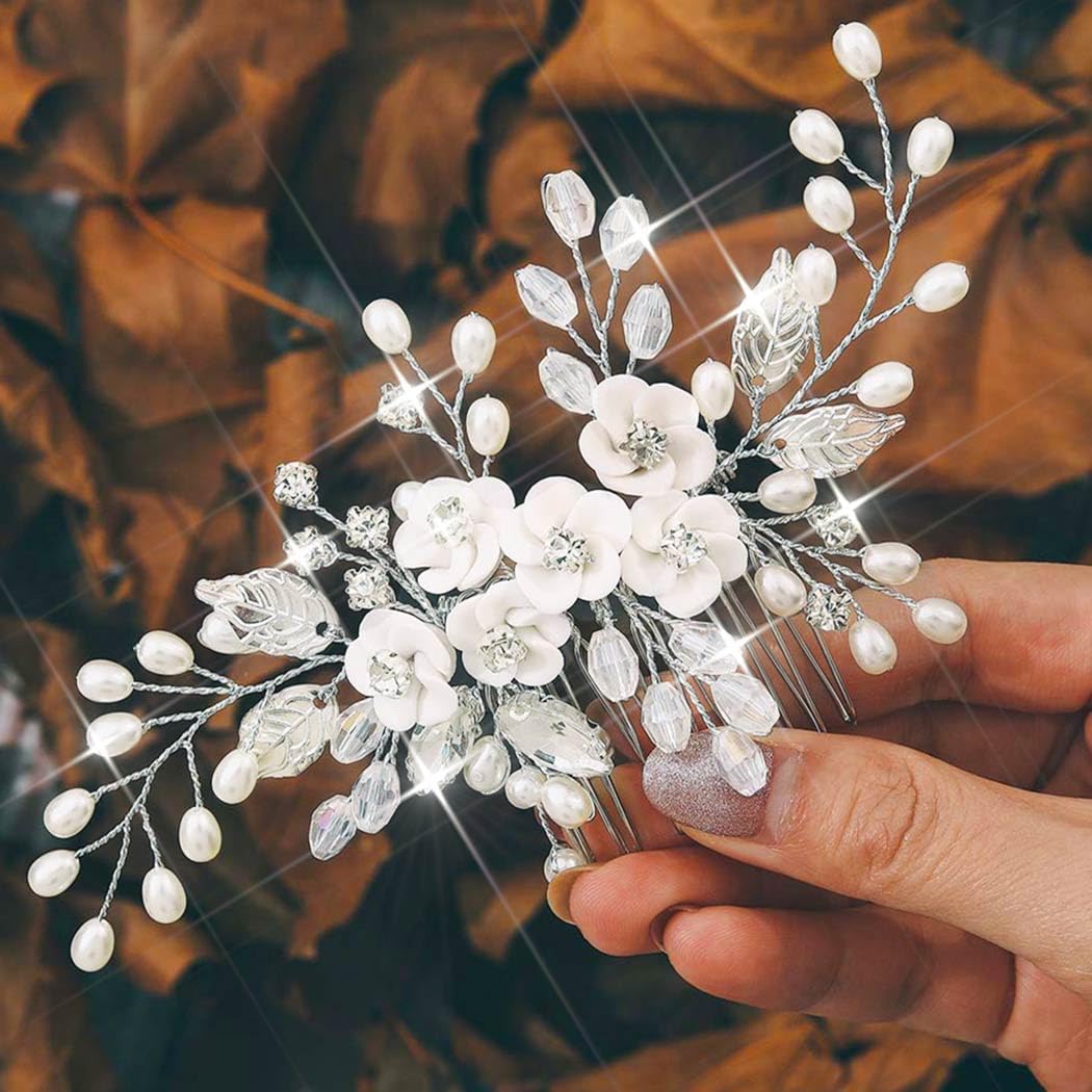 Accesorios para el pelo para novia, boda, plata, flores, peineta para el pelo, perlas, peine lateral, extensión de hoja para mujeres y niñas