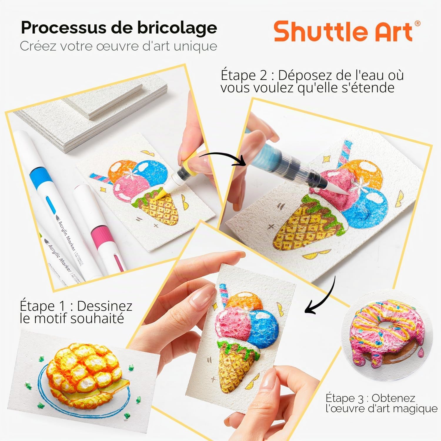 Shuttle Art 44PCS Kit de Peinture à Texture Magique avec 28 Feuilles de Papier de Peinture Texture Mousse, 12 Couleurs Feutre Acrylique Pinceau, Peinture Gonflante Eponge de Dessin 3D