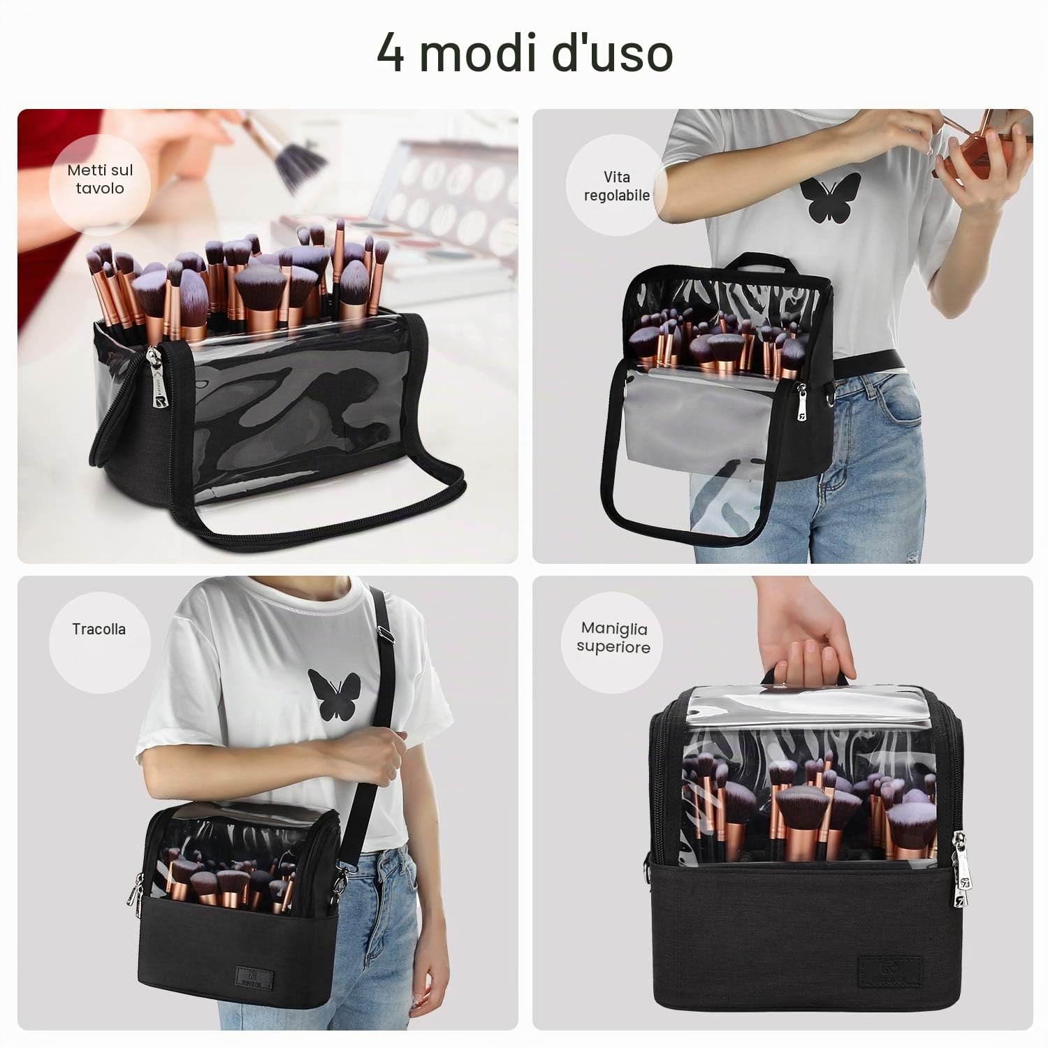 Trousse per pennelli da trucco, organizer multifunzionale per pennelli cosmetici con tracolla, organizer impermeabile per articoli da toeletta per donne e ragazze (nero, grande)