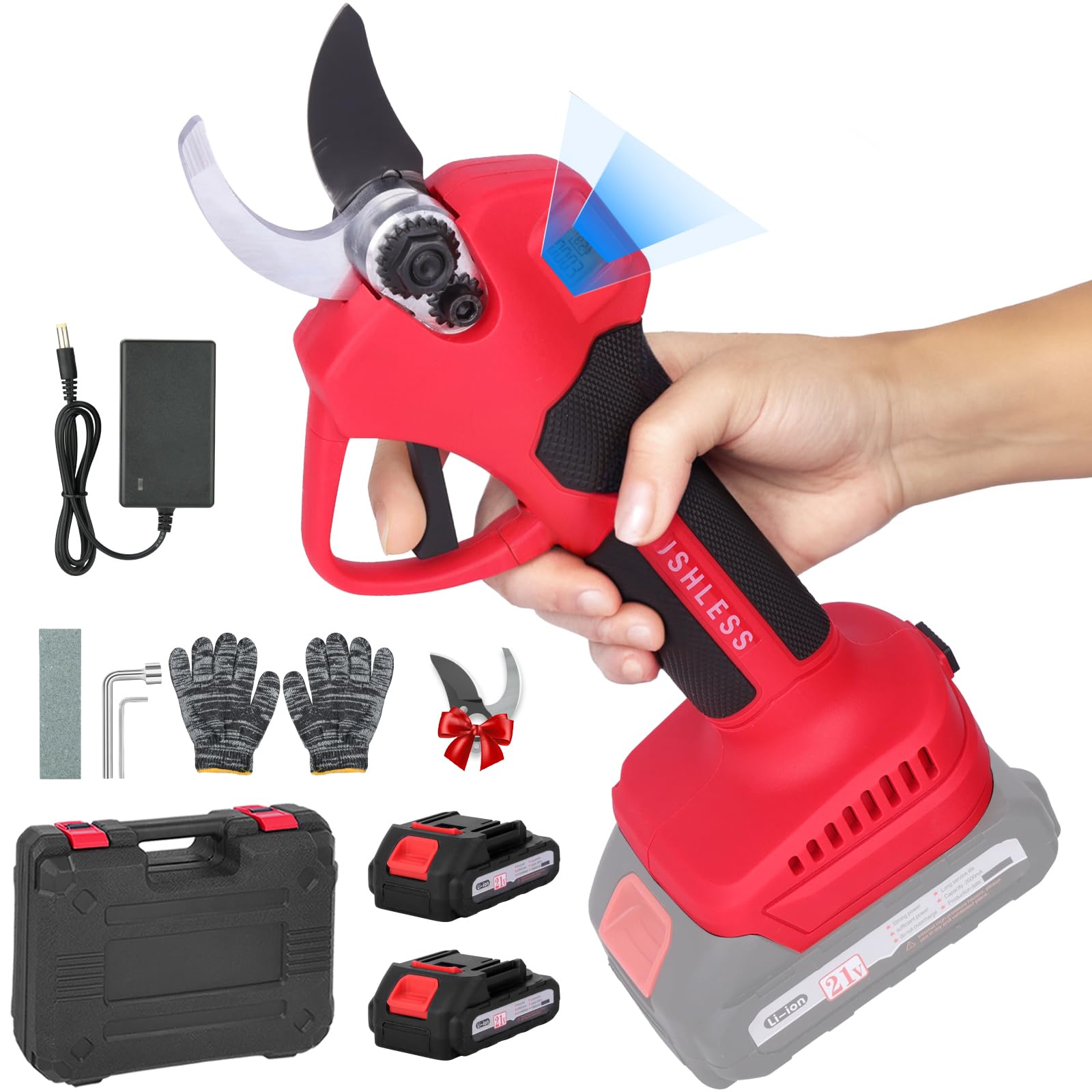 Forbici da Potatura Elettriche 30mm, Batteria 2000mAh con Display LCD | Lame Intercambiabili | 2 Batterie Ricaricabili | Potatore a Batteria per Giardinaggio, Frutteti e Vigneti-Rosso
