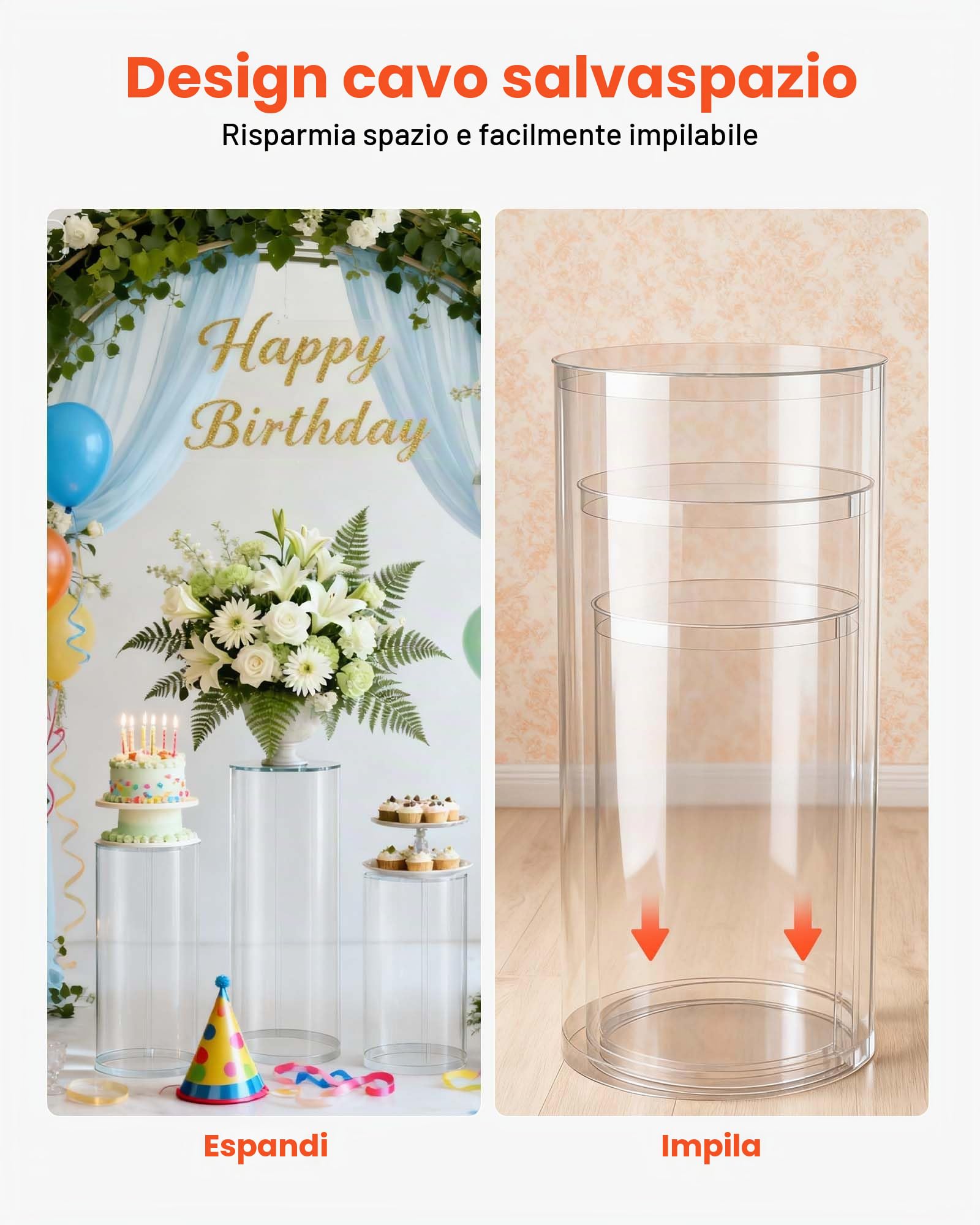 VEVOR Supporto per Fiori da Matrimonio, Zoccolo Cilindrico Rotondo, Supporto Trasparente con Coperchio in Acrilico Trasparente, 3 Pezzi da 60, 75, 90 cm, Supporti Cilindrici per Matrimoni, Feste