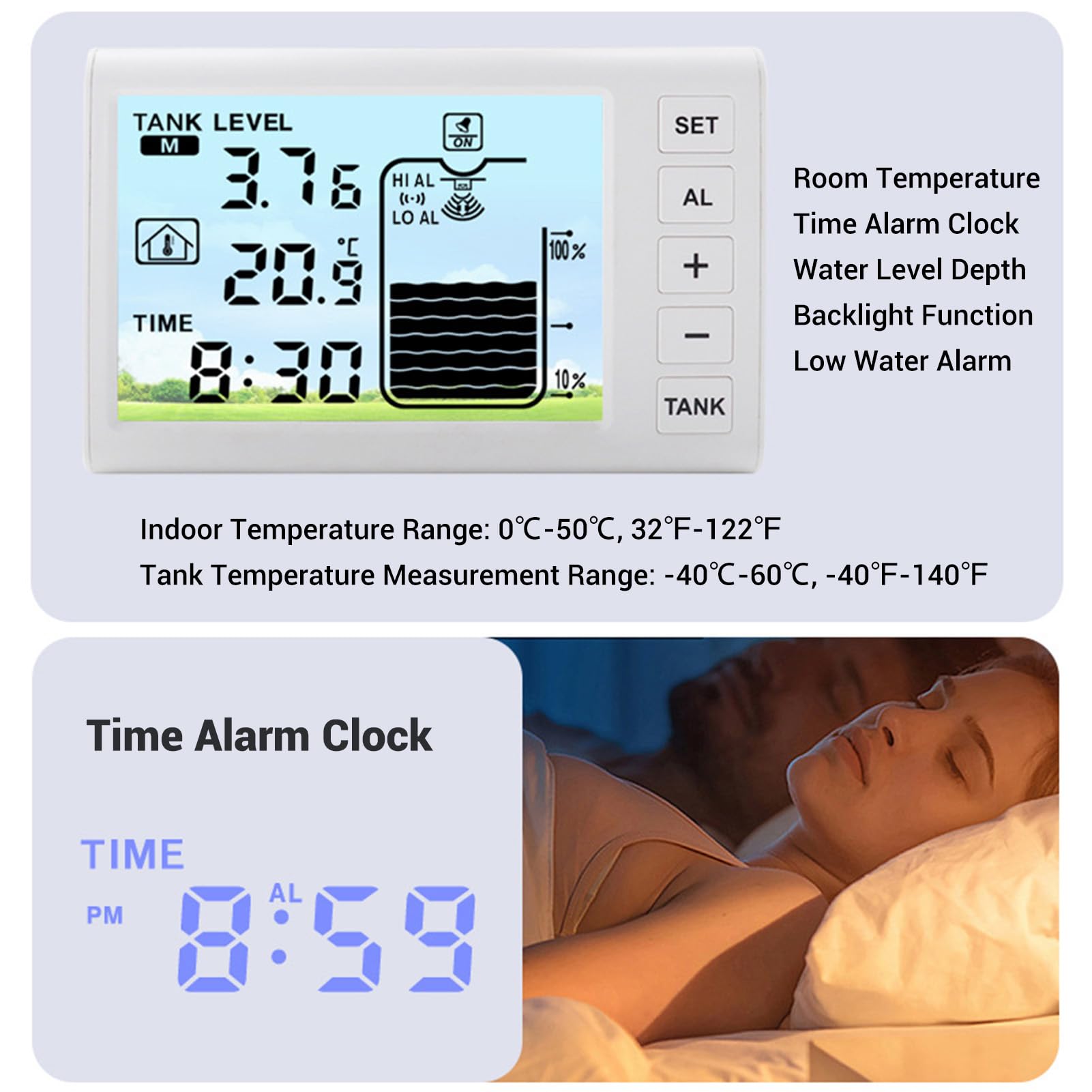 Jeffergarden Sensor de Nivel de Agua Ultrasónico con Pantalla Digital Medidor de Profundidad de Líquido Inalámbrico para el de Monitoreo y Alarma del Depósito de Agua Doméstica