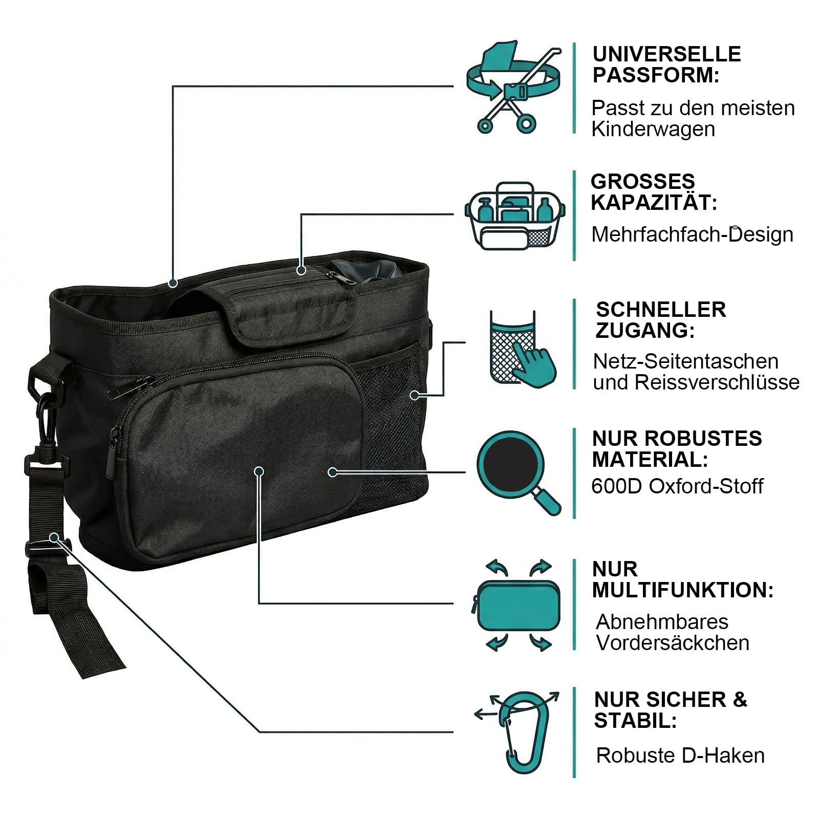 Kinderwagen Organizer Universal mit Isolierten Getränkehalter - Buggy Kinderwagentasche mit Verstellbarem Schultergurt, Wasserdichte Baby Zubehör Tasche für Windeln, Handys, Flaschen (Schwarz)