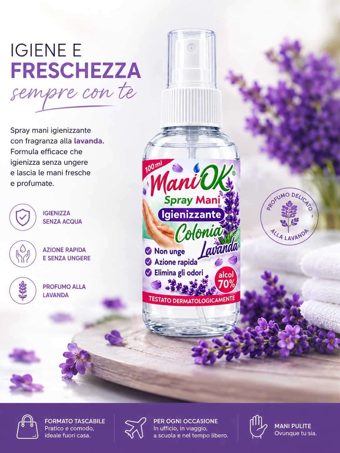 Spray Mani Igienizzante Lavanda, Spray Disinfettante Mani con Alcol 70%, Azione Rapida, Elimina Odori, Asciugatura Veloce, Dermatologicamente Testato - 6 Unita da 100ml