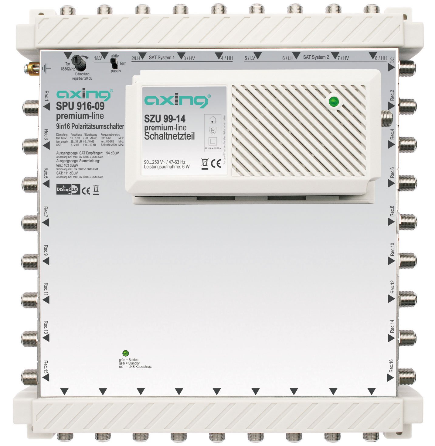 Axing SPU 916-09 DiSEqC commutatore satellitare interruttore Multiswitch 9 a 16 Espandibile con Amplificatore per il Satellite e Terrestre