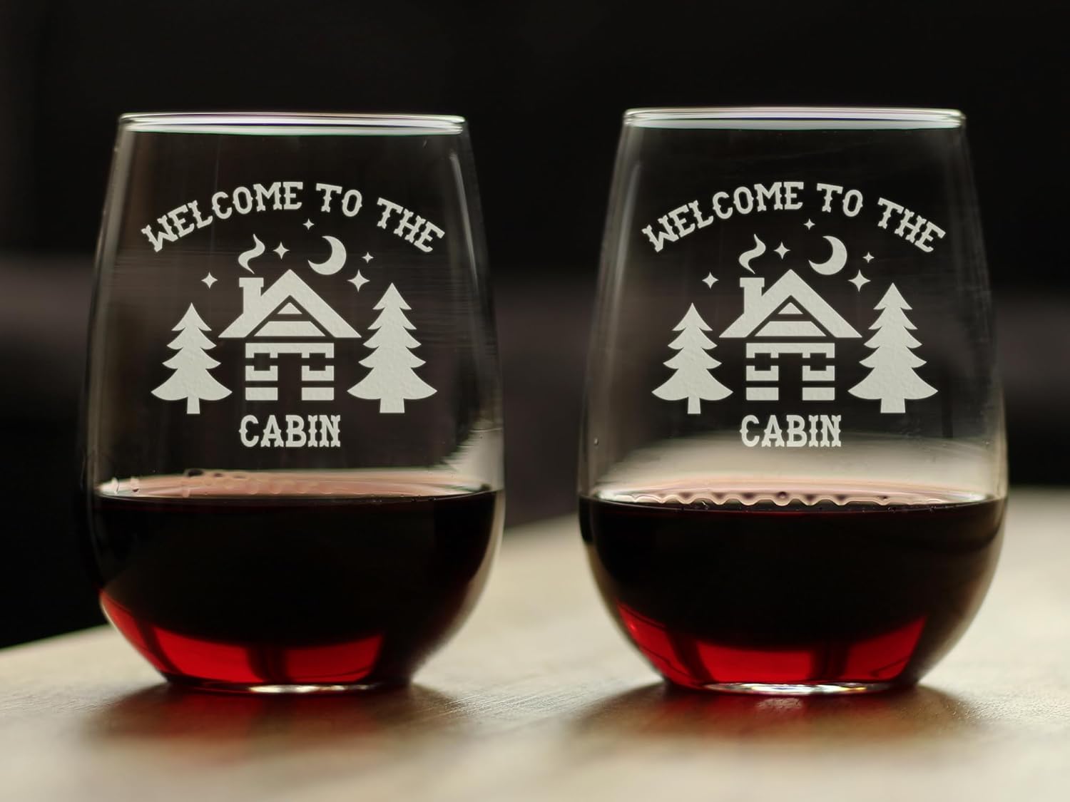 Bevvee Welcome To The Cabin - Stemless Wine Glasses - Set of 2 - Rustic Themed Gifts and Cabin Decor - Large 17 Ounce