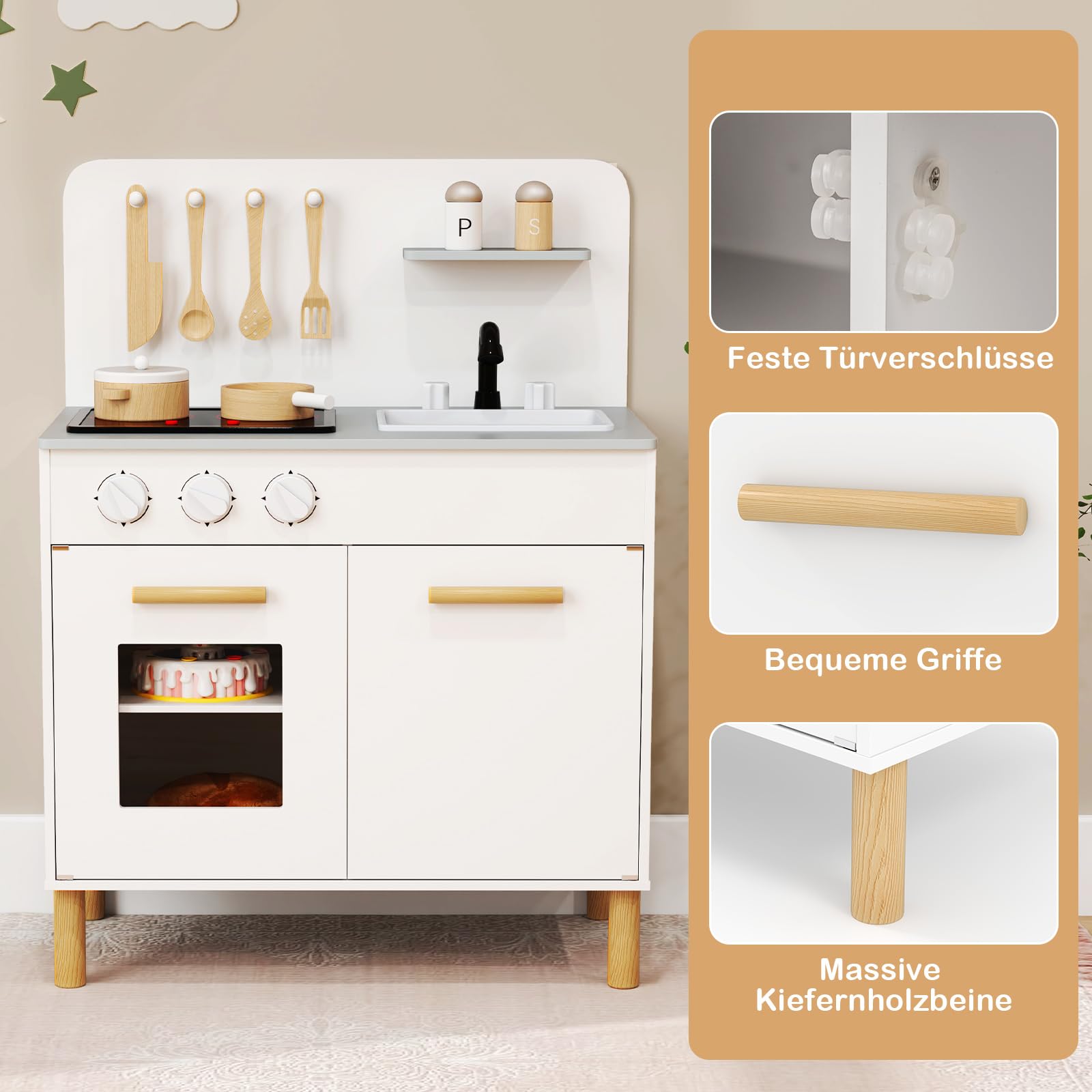 COSTWAY Kinderküche mit 10 Zubehör, Spielküche Holz mit Licht und Sound, Spielzeugküche mit Herd & Spüle & Backofen, Holzküche für Kinder ab 2 Jahren (Weiß)