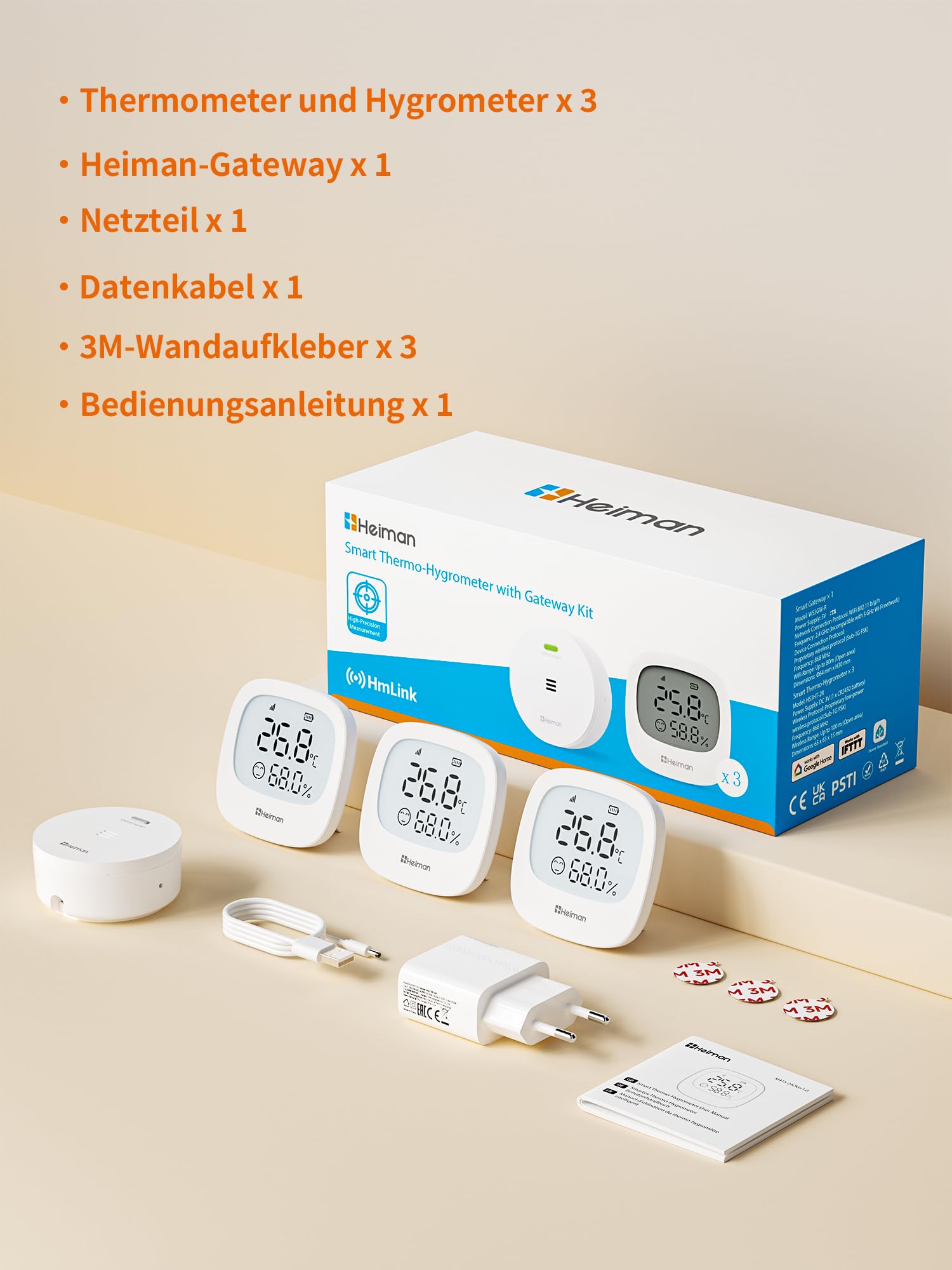 Heiman Smart Thermometer Hygrometer Innen HS3HT-2R mit Heiman Gateway | 3x Thermo-Hygrometer mit LCD, Raumklima-Monitoring per App, Datenexport, kompatibel mit Google Home, IFTTT & Home Assistant