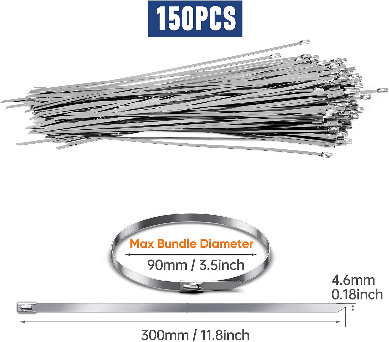 150PCS Heavy Duty Zip Ties 200 Pounds Tensile Strength 11.8Inch Metal Zip Ties Anti-Uv, Suitable For Chain Link Fence Components,Wire Mesh Rolls,Exhaust Wraps,Outdoor Poultry Fencing.