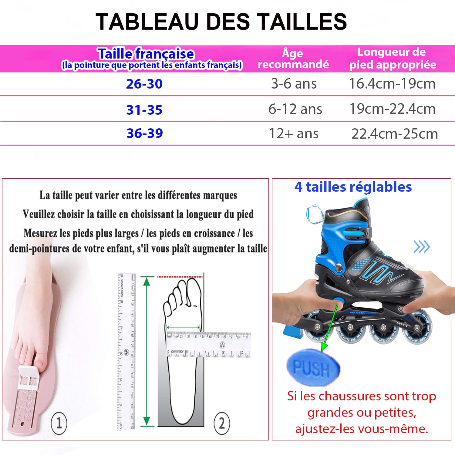 Roller en Ligne Enfant - Roller Enfant Garcon Fille, Roller Lumineuse, 4 Tailles Réglables
