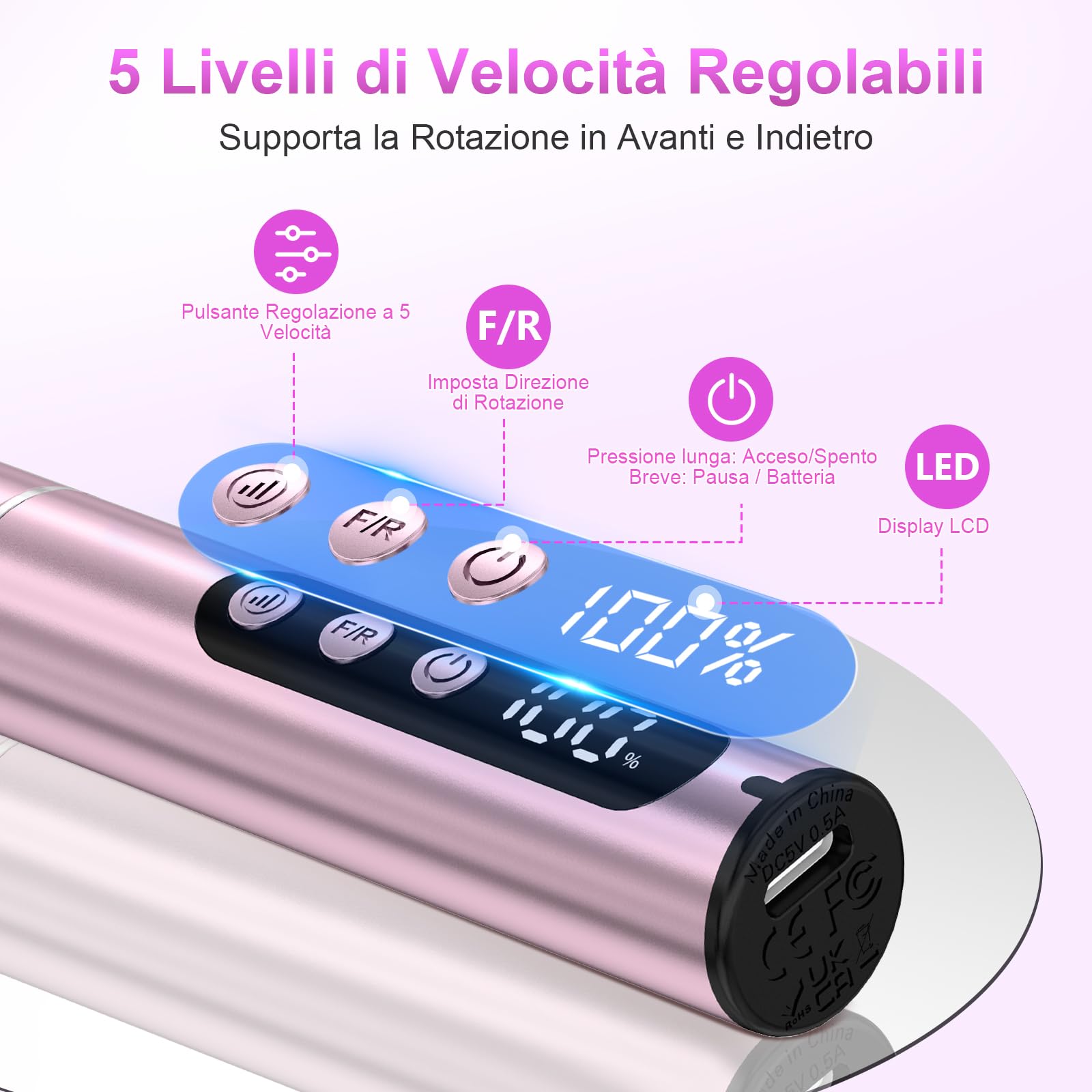 POFIBO Fresa per Unghie Professionale – 12 in 1 Trapano Unghie Elettrico 35000 RPM con Display LCD, 5 Velocità Regolabili, Per Unghie in Gel e Acrilico, Manicure e Pedicure a Casa o Salone (Rosa)