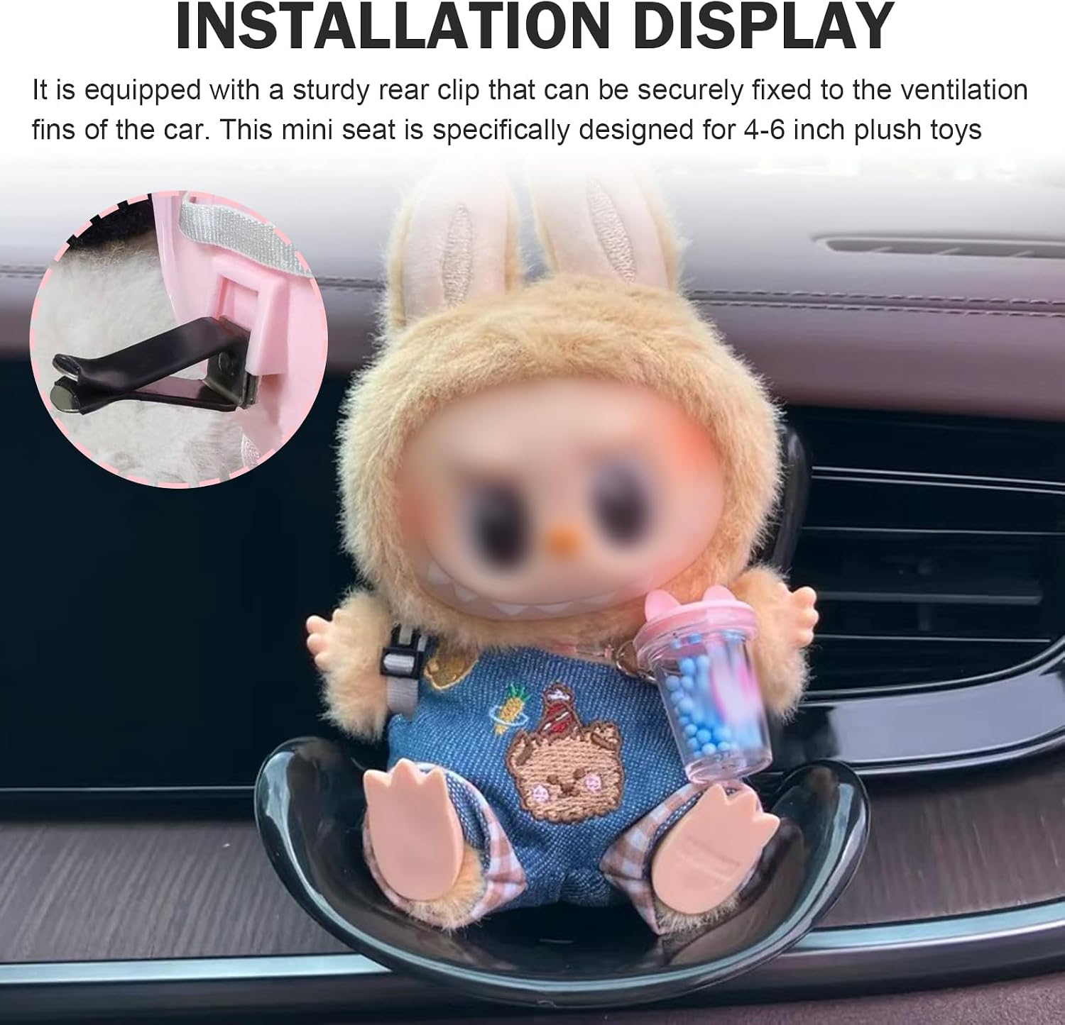 2 PCS Labubu Dolls Car Seat, Mini Seat-shaped Air Vent Clip, Cute Seat Decoration Accessories for Displaying Doll Collections, Universal for Most Cars, Trucks, SUVs (Pink & Black)