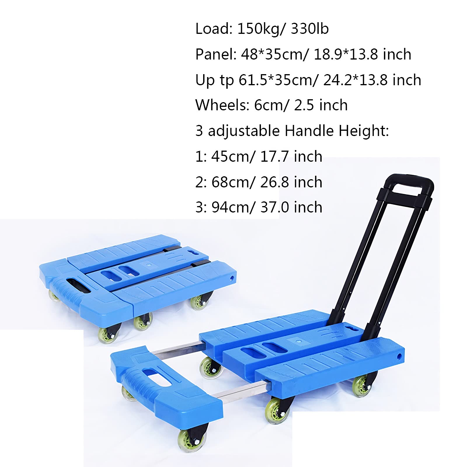 Carrello pieghevole con manico elastico e 6 ruote, capacità 150 kg, per casa, ufficio, viaggi e traslochi