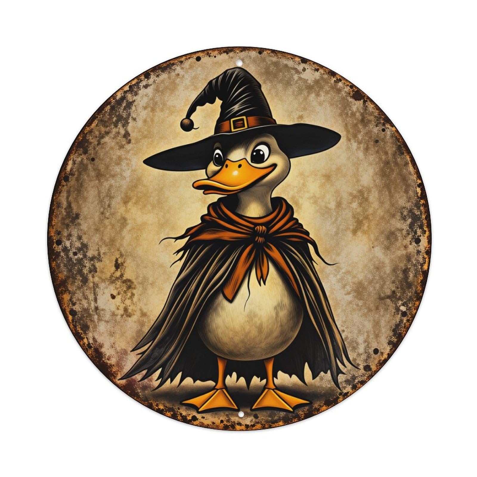 Duck Witch Hat Cape Orange Round Tin Sign Vintage Style Metal Sign Home Bar Garden Wall Plaque Decor Metal Poster 8x8 Inch
