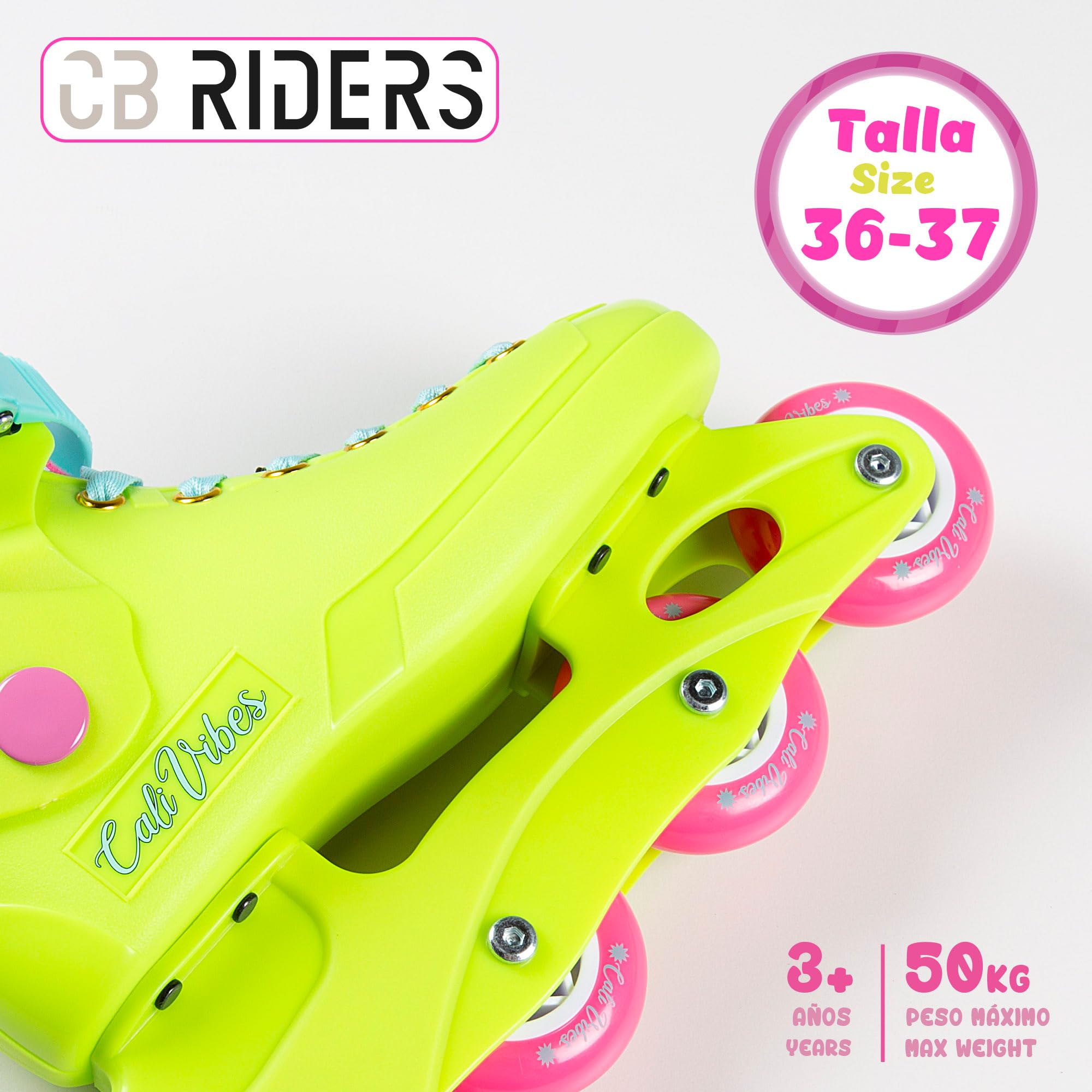 ColorBaby CB Riders - Patines en línea, Amarillo neón, Cierre Ajustable con Hebilla y Cordones, T.36-37, A Partir de 3 años, Máx. 50 kg, Patinetes en línea Infantiles, Modernos y sofisticados (85426)