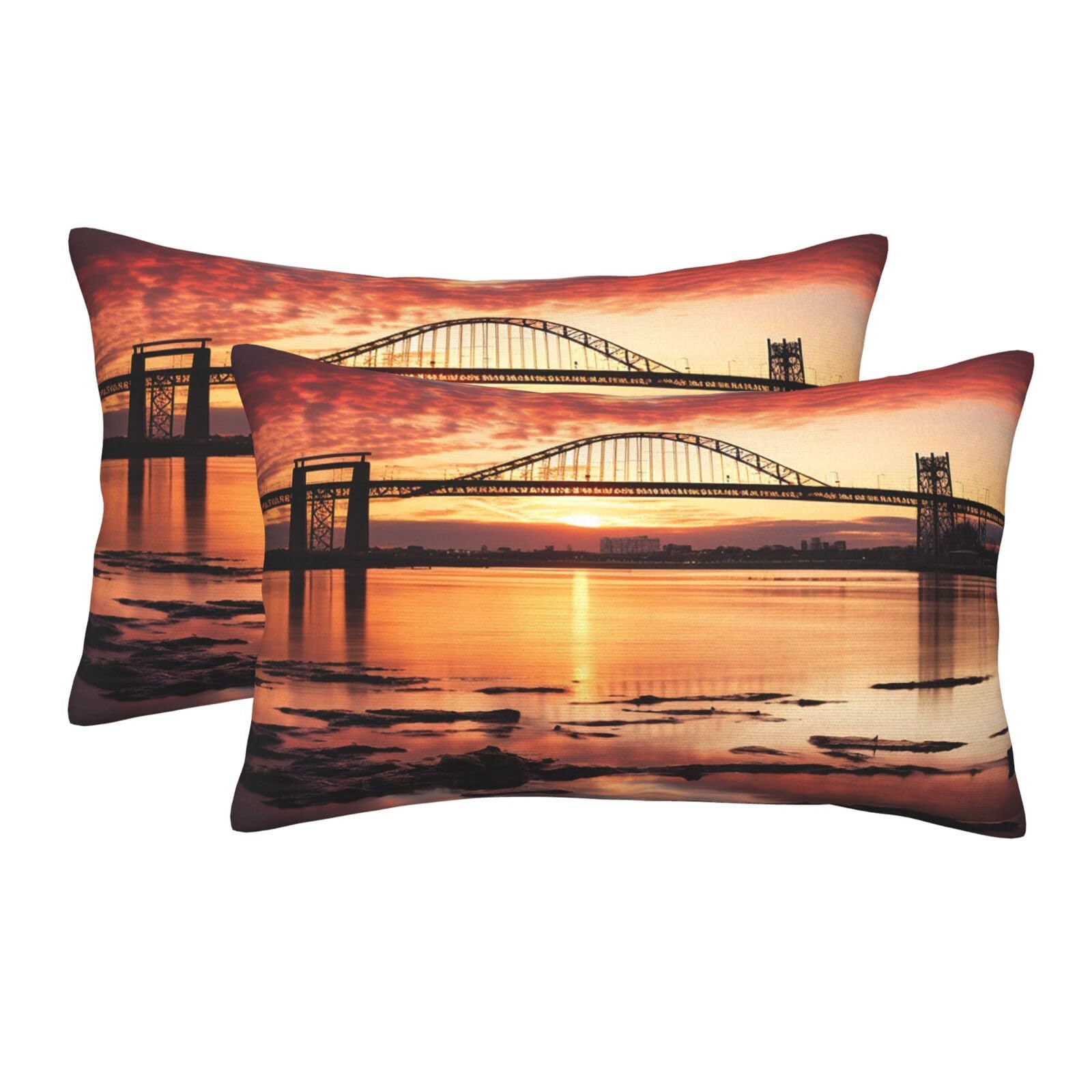 2 Pack Pillow Cases with Hidden Zipper, Soft Breathable Pillow Covers for Hair and Skin, Newark Bay Bridge and Sunset Pillowcases 14"x20" Bed Pillow Protectors Cover for Sleeping Gifts