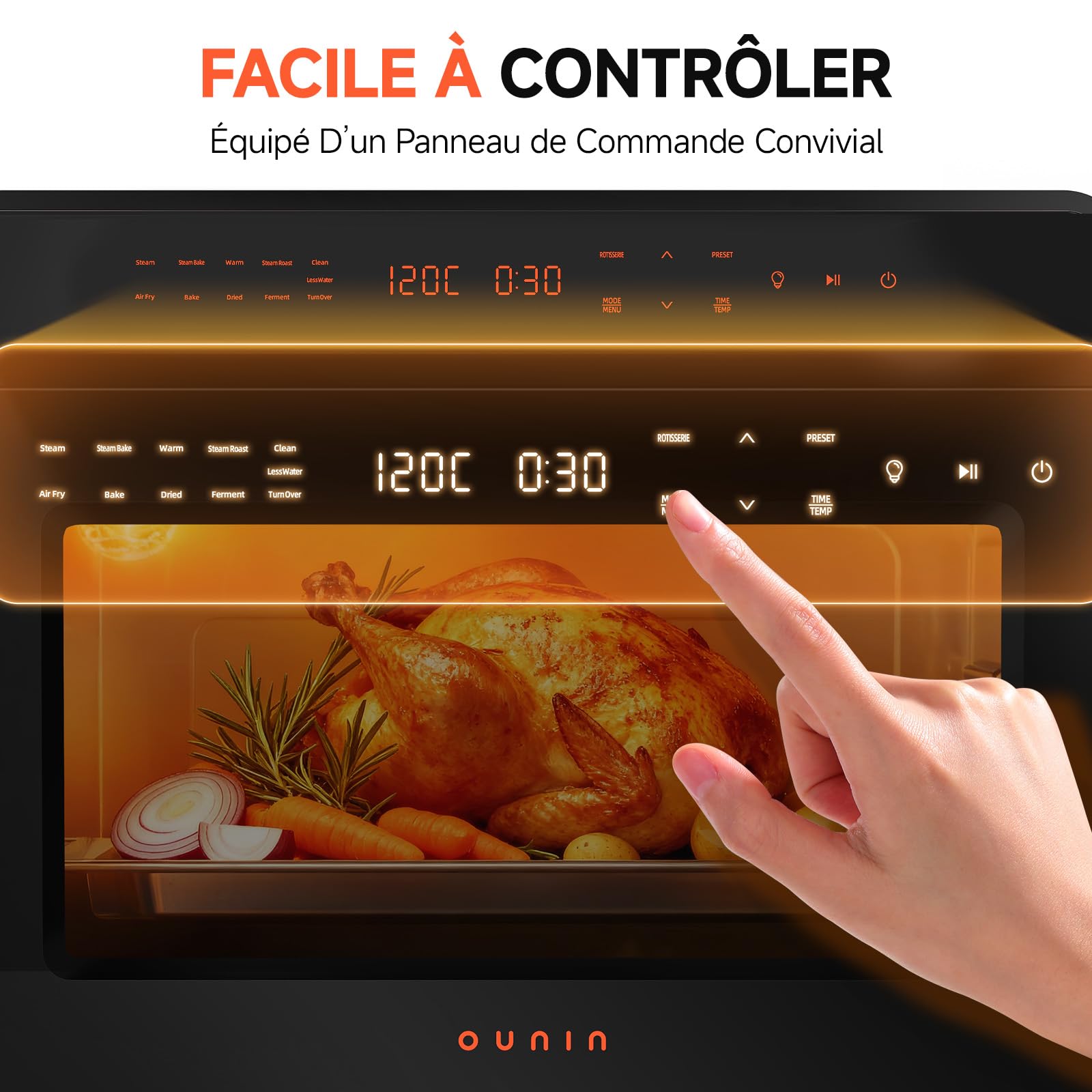 OUNIN 24L Mini Oven, 11-in-1 Steam Oven with Bread Function Oven, 1600 W | 360° Hot Air Circulation, Double Layer Cooking, Roasted Chicken, Gigot, Bread, Steamed Meat and Vegetables