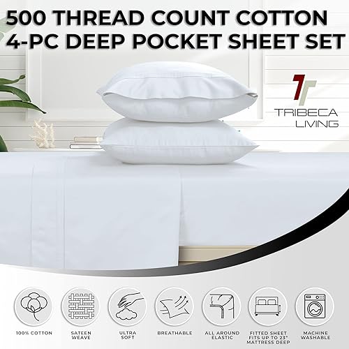 Miniatura 3 de Tribeca Living Juego de sábanas de satén de algodón egipcio suave con bolsillo profundo y fundas de almohada a juego, 500 hilos, ropa de cama de