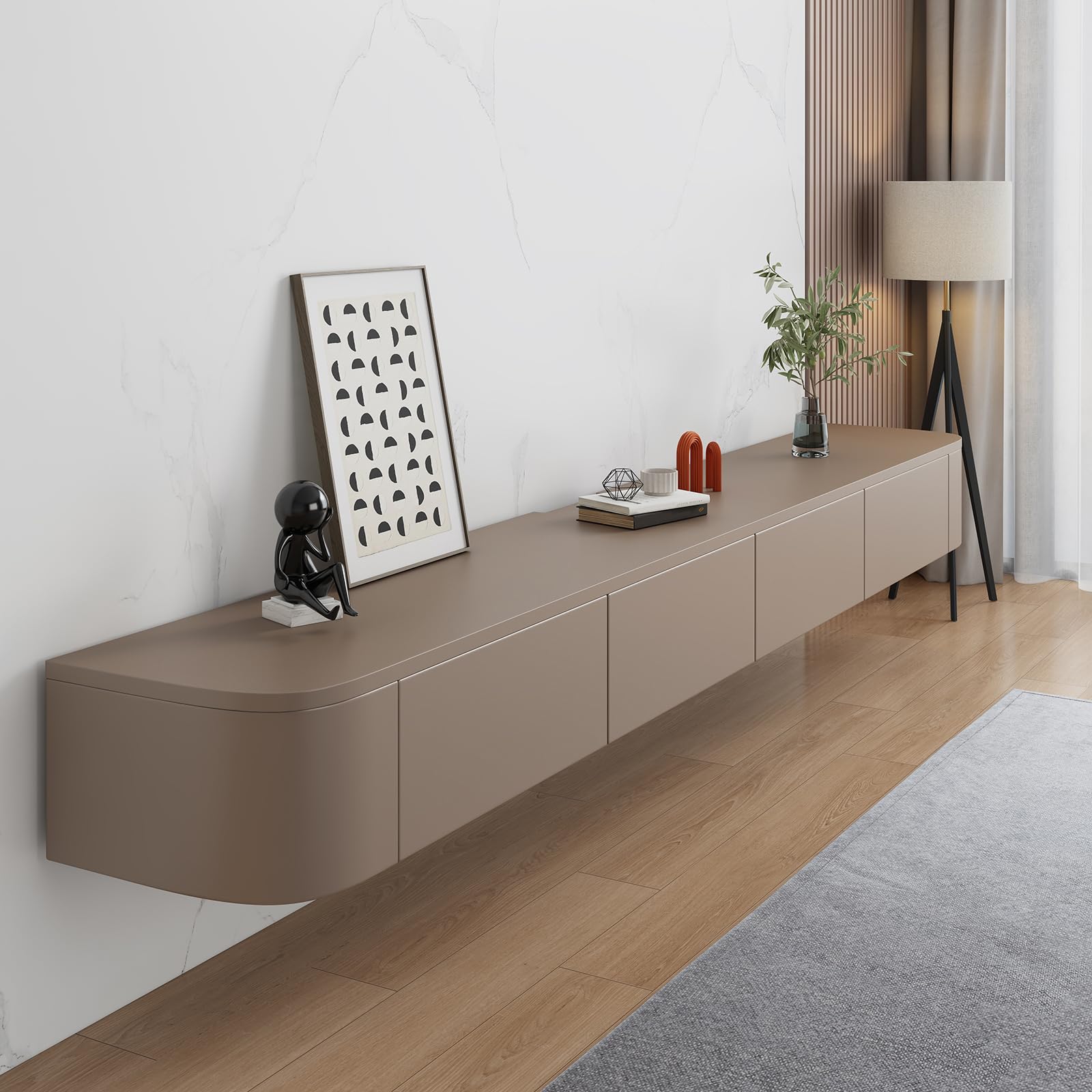HYANXUE Floating TV Stand, Wall Mounted TV Shelves With Door,TV Media Console, Floating TV Cabinet Large Storage TV Bench Under TV (Khaki, 180CM/70.8")