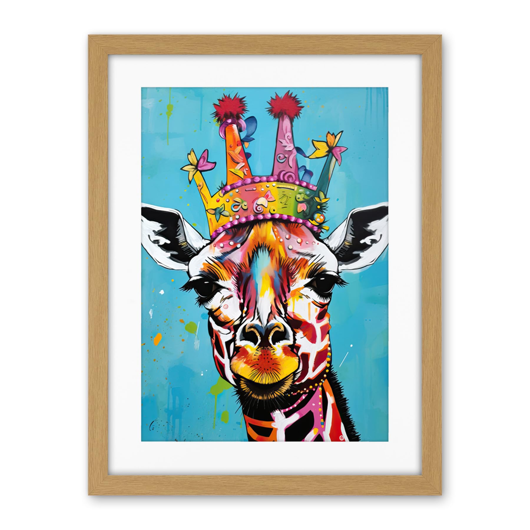 Artery8 Giraffe Wearing Princess Crown Modern Folk Art Artwork Framed Wall Art Print 18X24 Inch