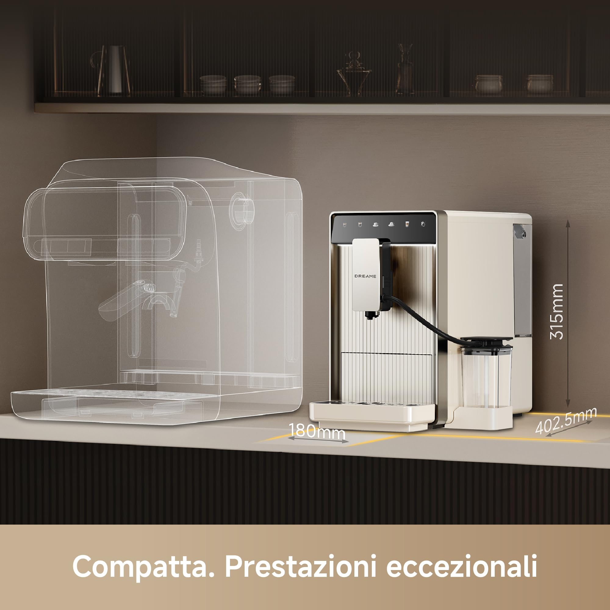 dreame Ecceluxe Slim Macchina da Caffè Espresso Completamente Automatica | Design Sottile 18 cm, Pulizia Facile, 5 Tipi di Caffè, Macinatura a 9 Livelli, Schermo Touch, Schiuma di Latte Vellutata