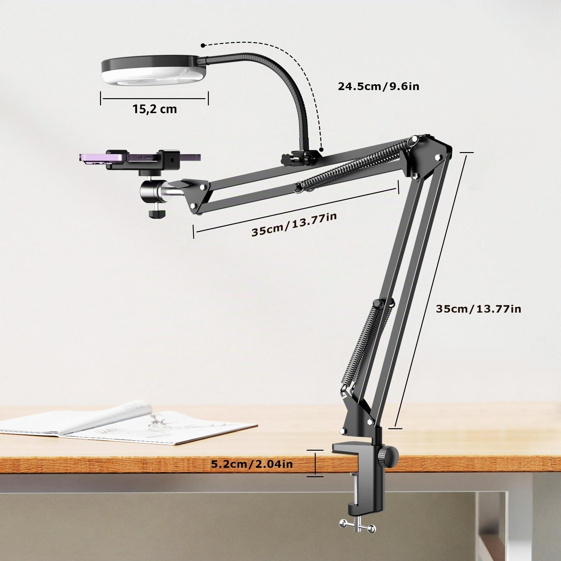 Support de caméra aérien avec Anneau Lumineux, Support de Bras de téléphone articulé Flexible Compatible avec iPhone, Webcam Logitech, trépied de Bureau pour Youtube Live Stream Video Recording