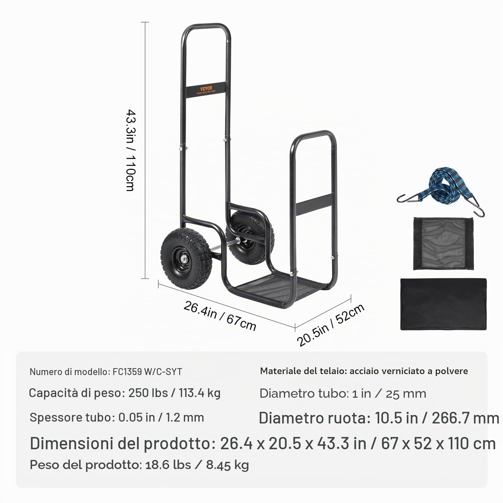 VEVOR Carrello per legna da ardere, 113,4 kg, per esterni e interni, ruote in PU, panno impermeabile, supporto in acciaio resistente, supporto per legna da ardere per camino