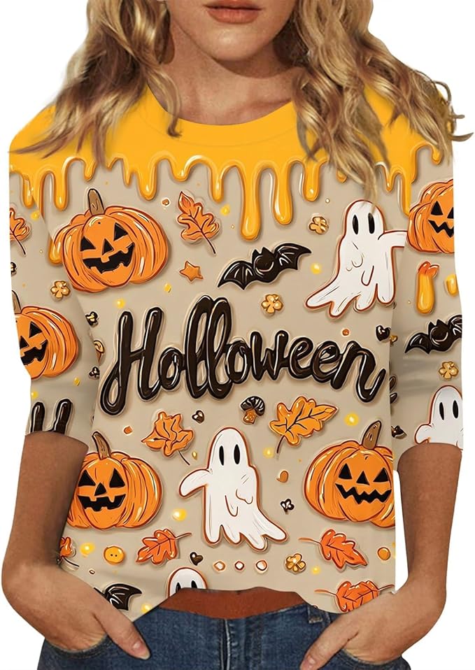 Halloween Shirts for Women 3/4 Sleeve Plus Size Crewneck Loose Fit Cute T Shirt Halloween Costumes for Women 2025