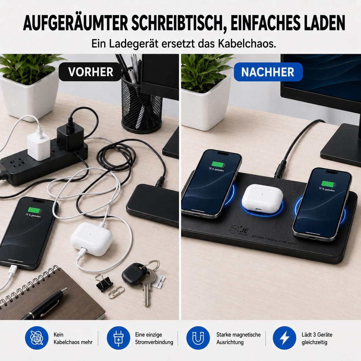 3-in-1 Magnetische Induktionsladestation für iPhone 17/16/15/14/13/12 & AirPods, Kabelloses Ladegerät für 2 iPhones, Magnetisches Ladepad, Wireless Charger, Ladestation Schreibtisch, Schwarz