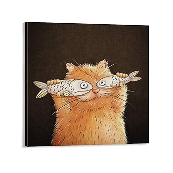 Amazon.co.jp: 面白い 猫と魚 ネコ柄 アニメ 絵画ポスター