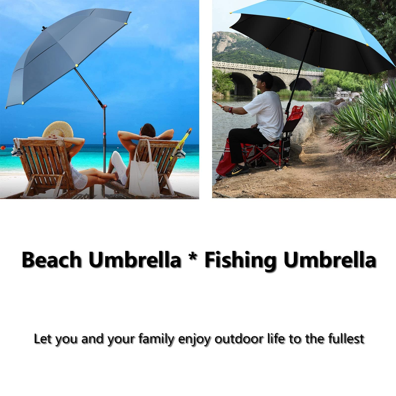 Parasole Parasol Ogrodowy Parasol Wędkarski Parasol Plażowy, Przeciwdeszczowy Z Drążkiem Regulowanym W Zakresie 360°, Wiatroodpornymi Kołkami I Torbą Transportową, Łatwy -Blue-240cm/7.9ft