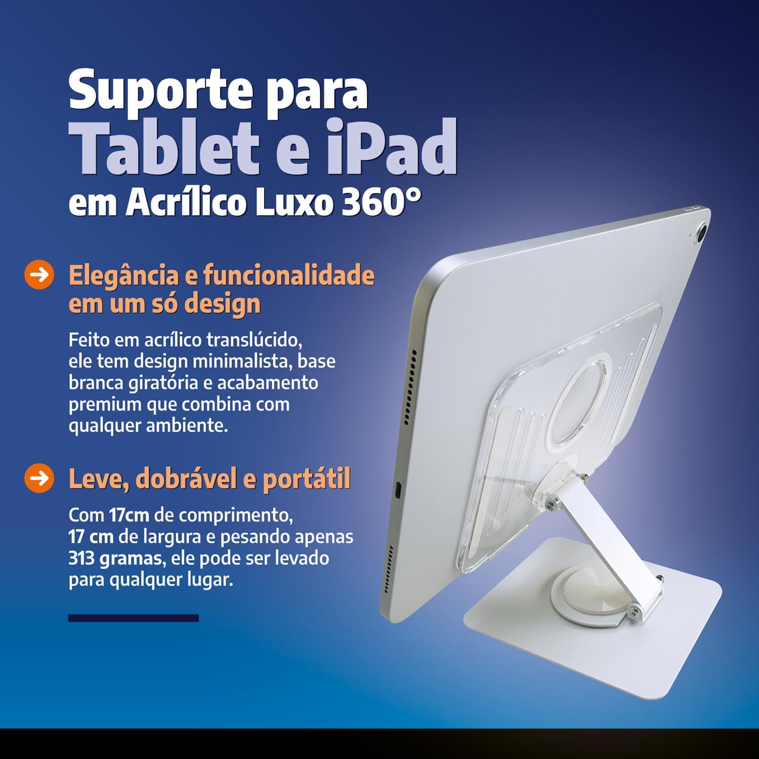 Suporte de Mesa para Tablet com Base Giratória 360° em Acrílico e Alumínio Premium Resistente com Pedestal Ajustável Dobrável e Retrátil Compatível com Tablets Base na Cor Branco