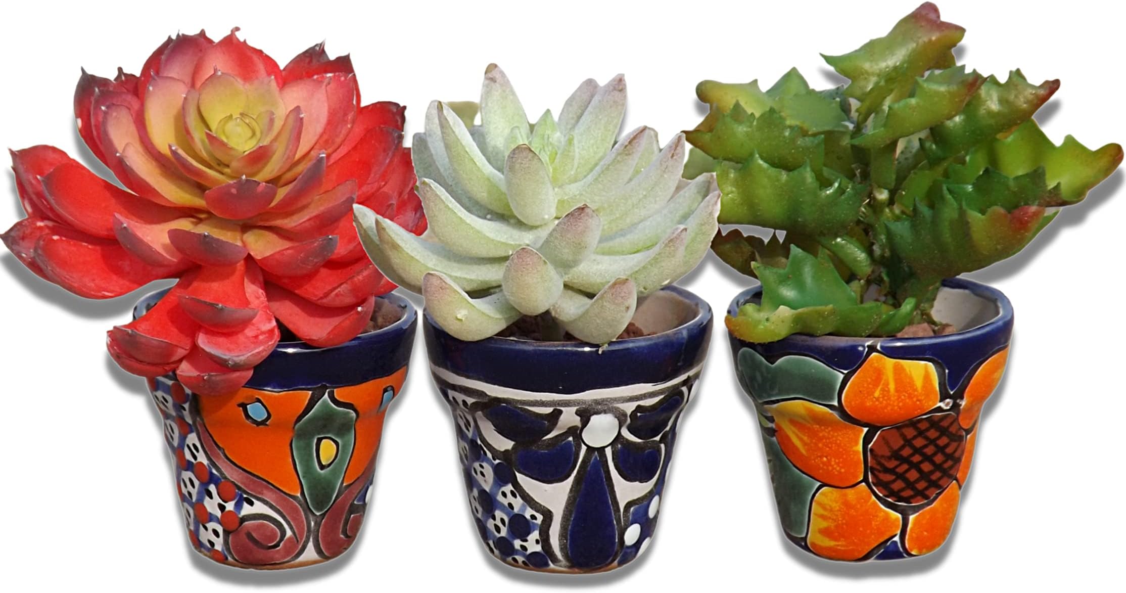 Talavera Hand-Painted Flower Pots (Set of 3) - 3" Garden Party Design - Authentic Mexican Pottery Planters for Succulents