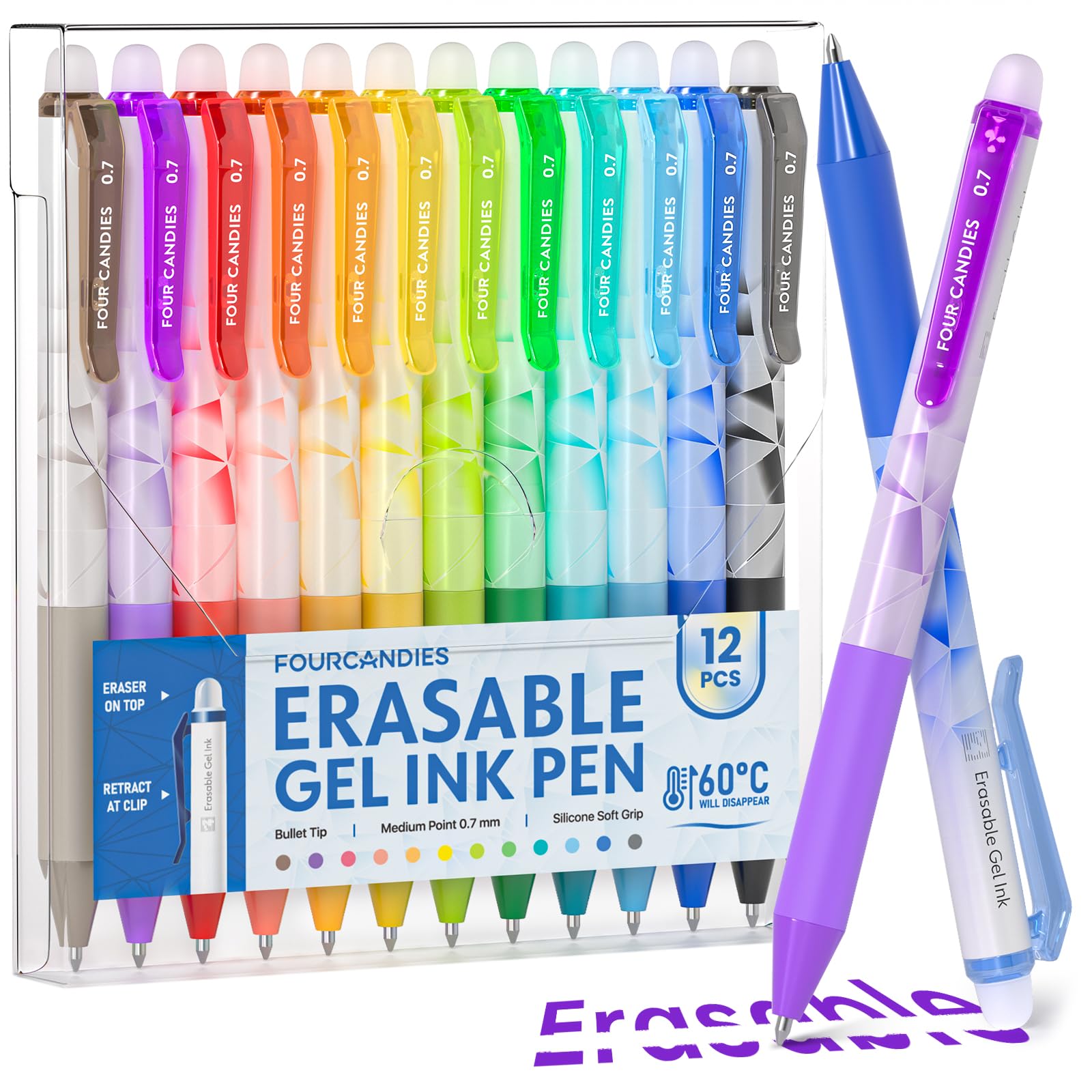 Four Candies Erasable Gel Pens, 0.7 mm Fine Point Pens, 12 Assorted Colors | Make Mistakes Disappear, Erasable Pens Multicolor, Retractable Erasable Pens for School, Journaling & Office Writing