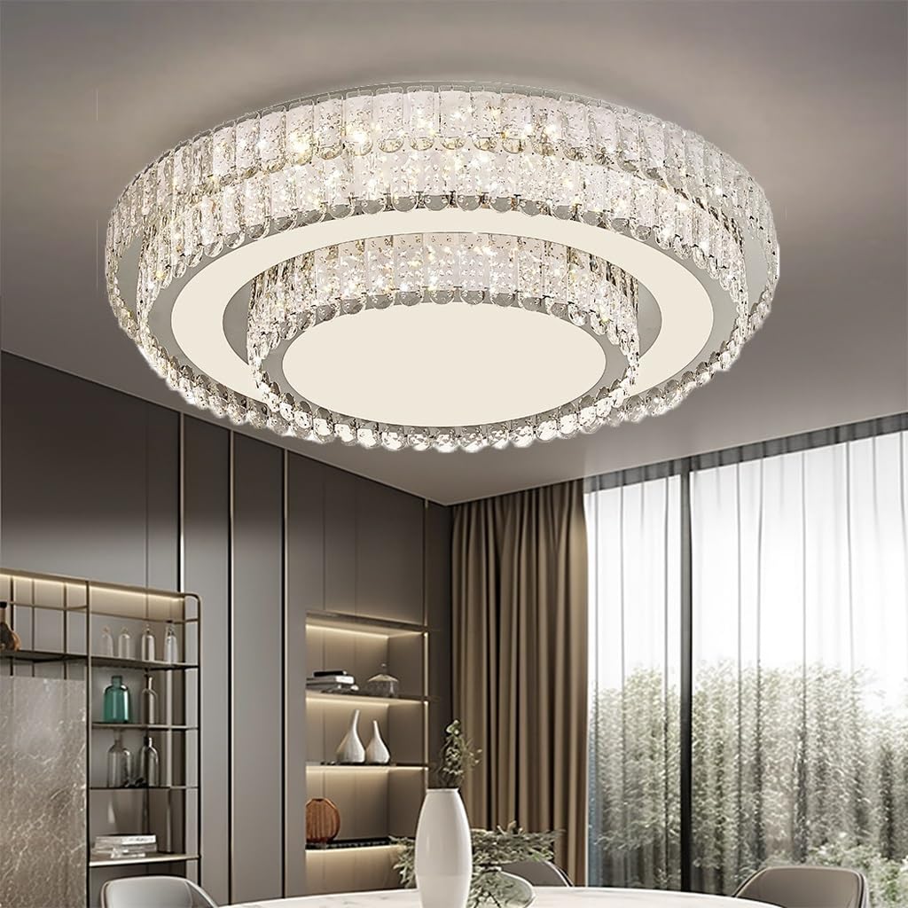 Beiltuga Morden Crystal Ceilings Light Led Ceiling Light with Remote Control Dimmable Pearl Pendant 20W Crystal and Acrylic lampshade 3000K-6000K for Living Room Bedroom Kitchen entryway