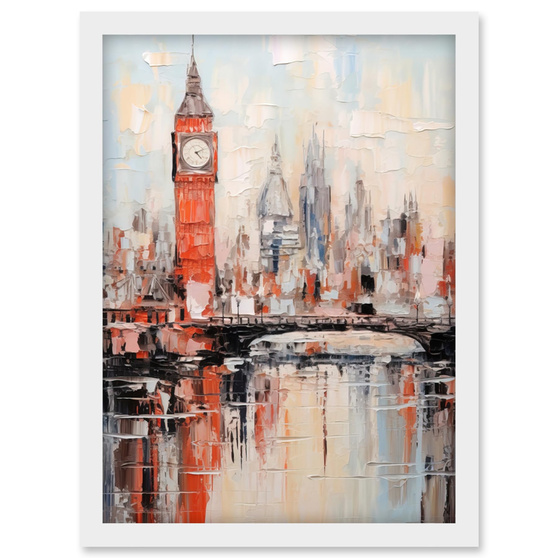 Artery8 London Skyline Abstract Oil Painting Thick Paint Red Big Ben River Thames Westminster Bridge England City Artwork Framed Wall Art Print A4
