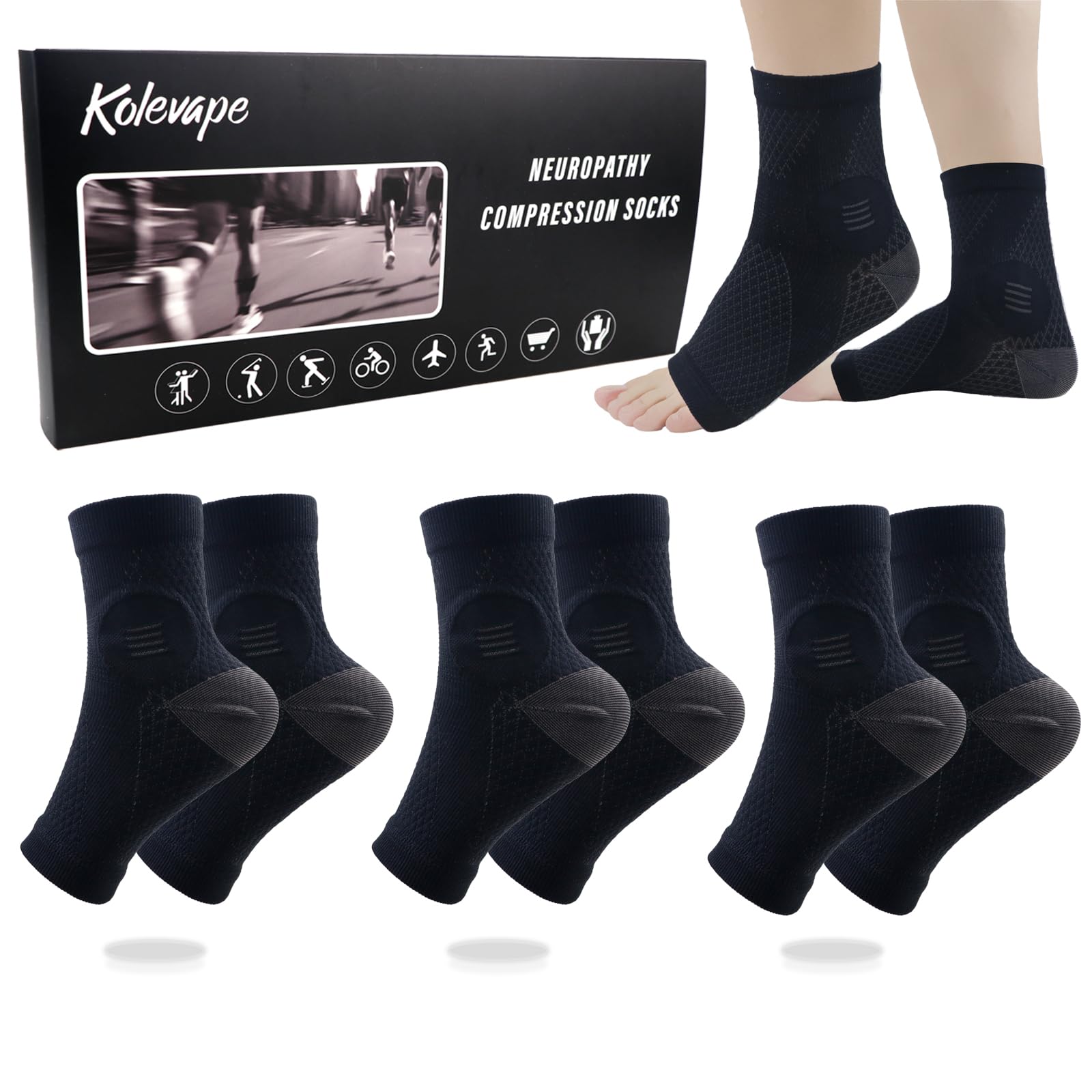 KOLEVAPEKOLEVAPE 3 Pairs Neuropathy Socks for Women & Men,Nano Comprex Ankle Sleeves Protection Elastic Socks,Soothe Socks for Neuropathy Pain,Anti Fatigue Compression Foot Sleeve Brace Socks
