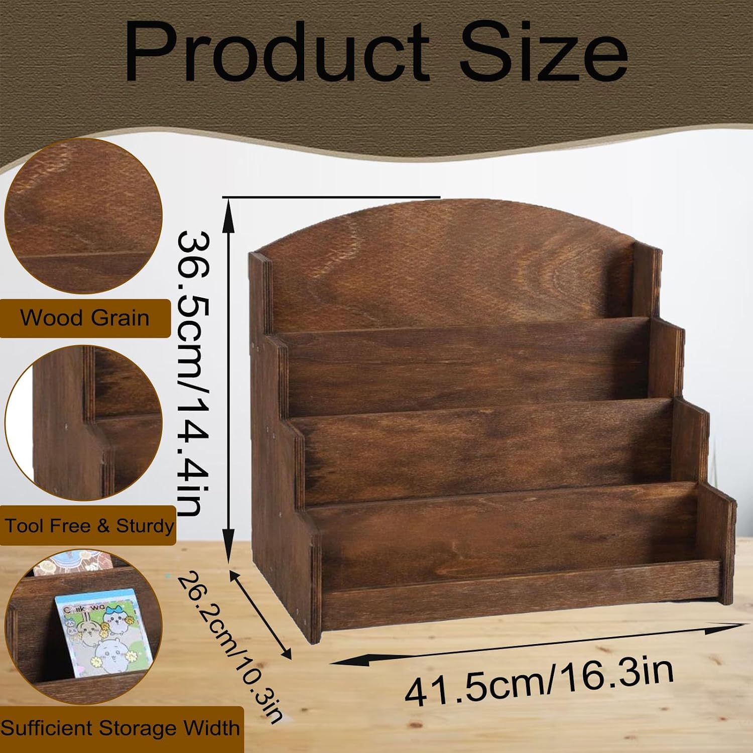Wooden Postcard Display Stand‌ ‌4-Tier- Greeting Card Holder & Sticker Organizer Rack for Retail Stores, Counter Display, Stationery Vendors (Brown)