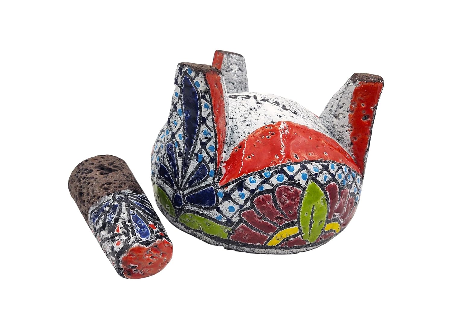 Molcajete de Mexico - Lava Rock Mortar & Pestle (8" L x 8" W x 4.5" H) Hand Painted - VAIRABLE Colors ON Stone - Mexican Kitchen Tool