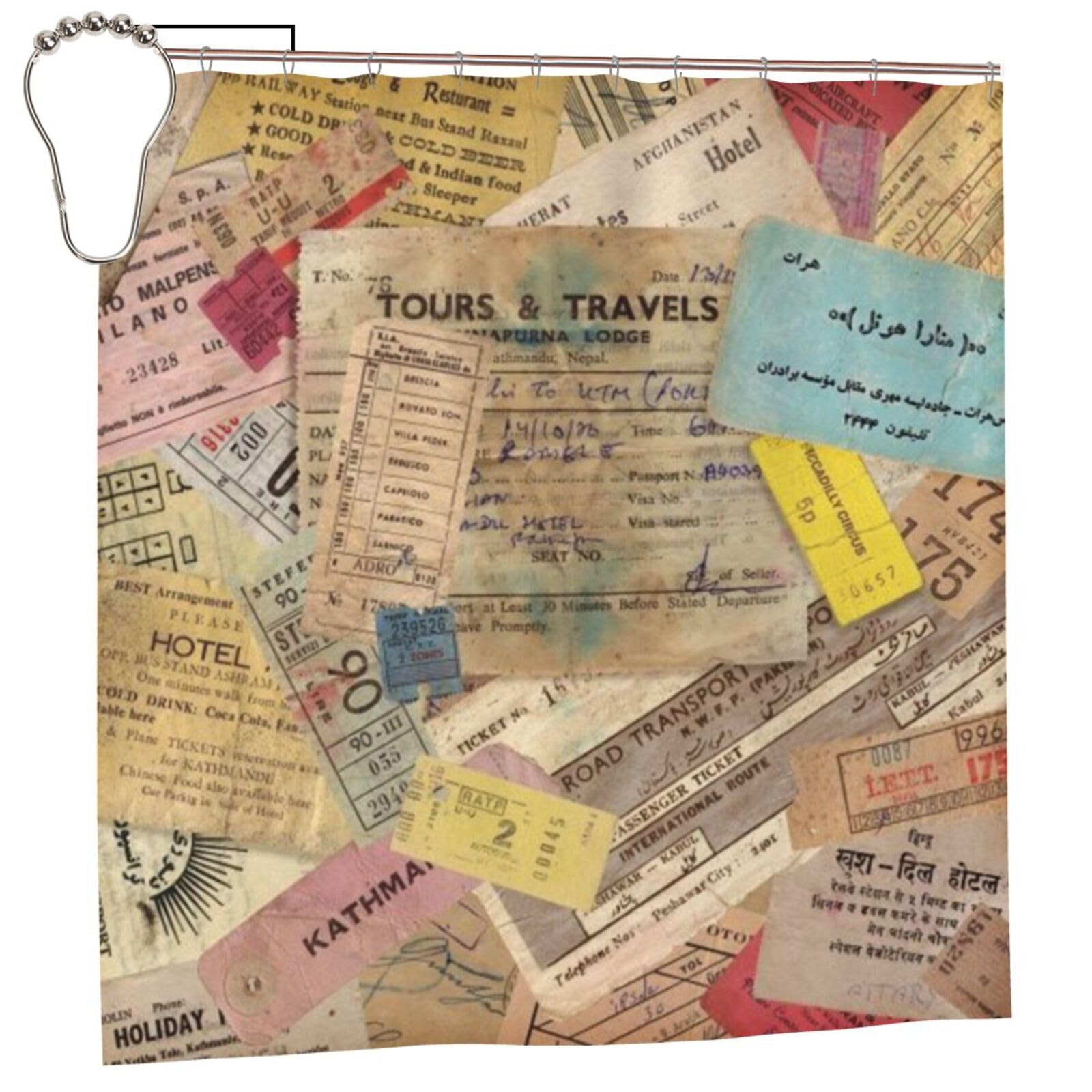 Rideau de douche imperméable imprimé Old Tickets en polyester pour salle de bain moderne