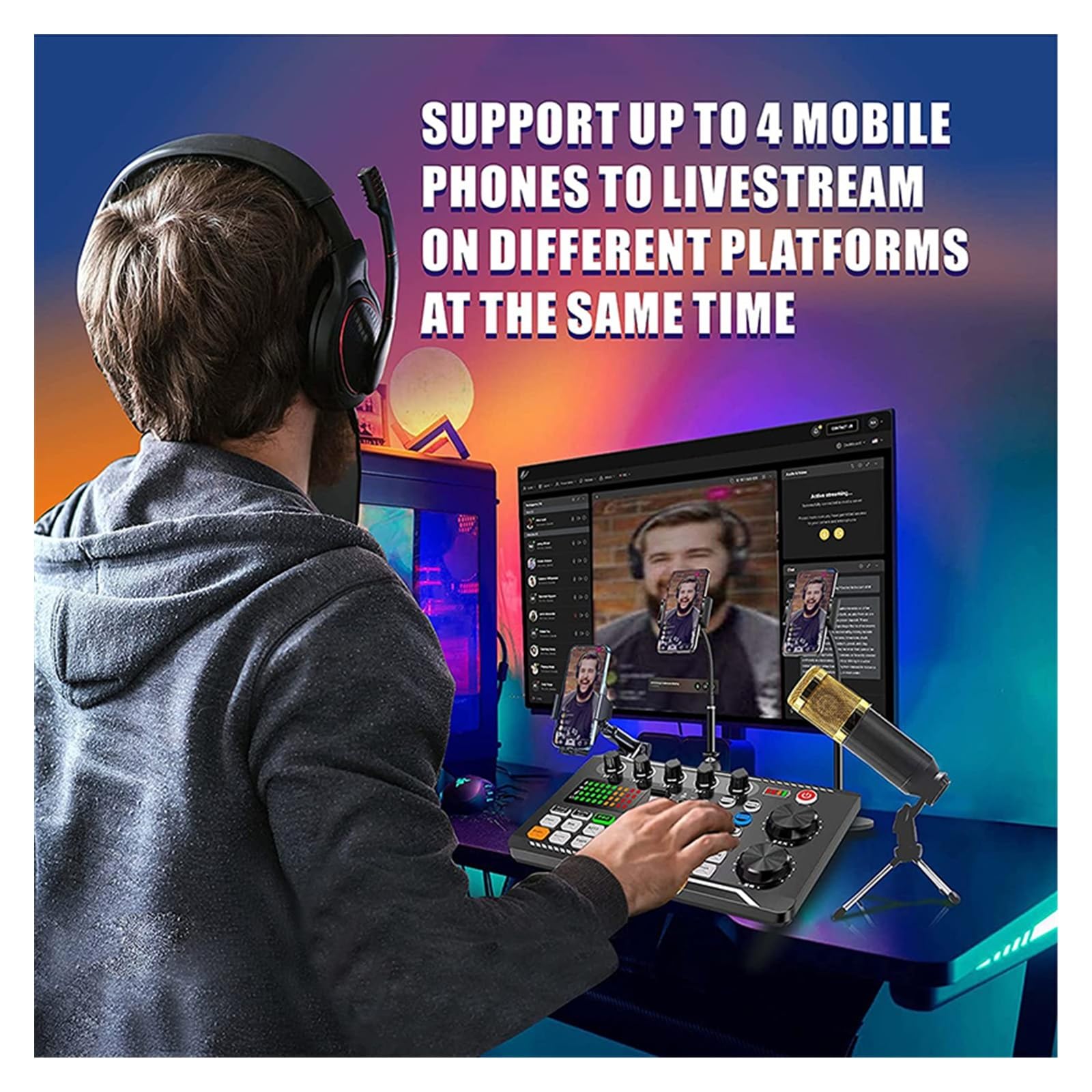 Kit scheda audio professionale DJ interfaccia audio mixer, portatile ALL-IN-ONE studio di produzione podcast con microfono XLR per streaming live studio di configurazione per la registrazione di