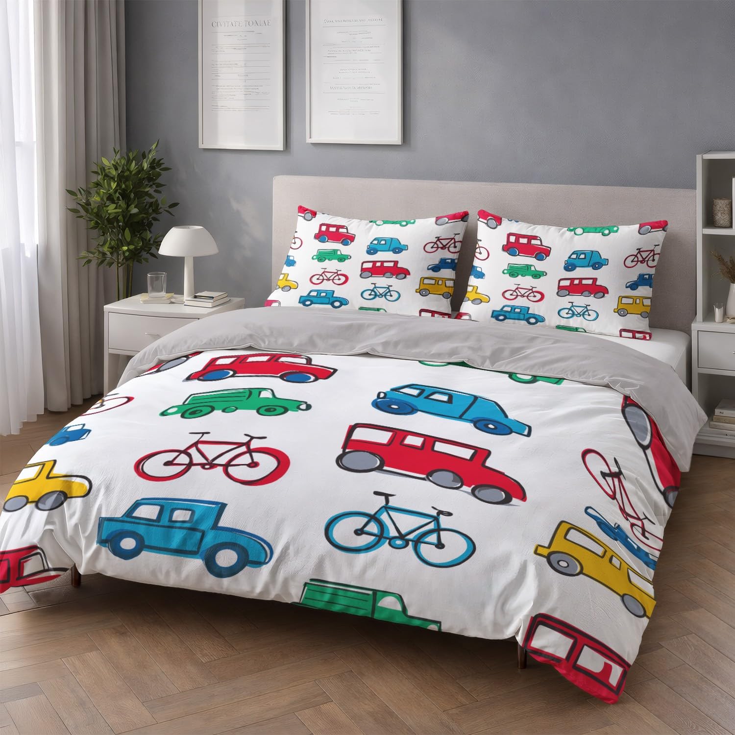 Generic Zestaw poszewek na kołdrę, żywy rower samochodowy, 229 x 221 cm, kolorowa pościel z kreskówki, 3-częściowy zestaw, miękka poszewka na kołdrę z mikrofibry, dla dzieci i dorosłych, dekoracja