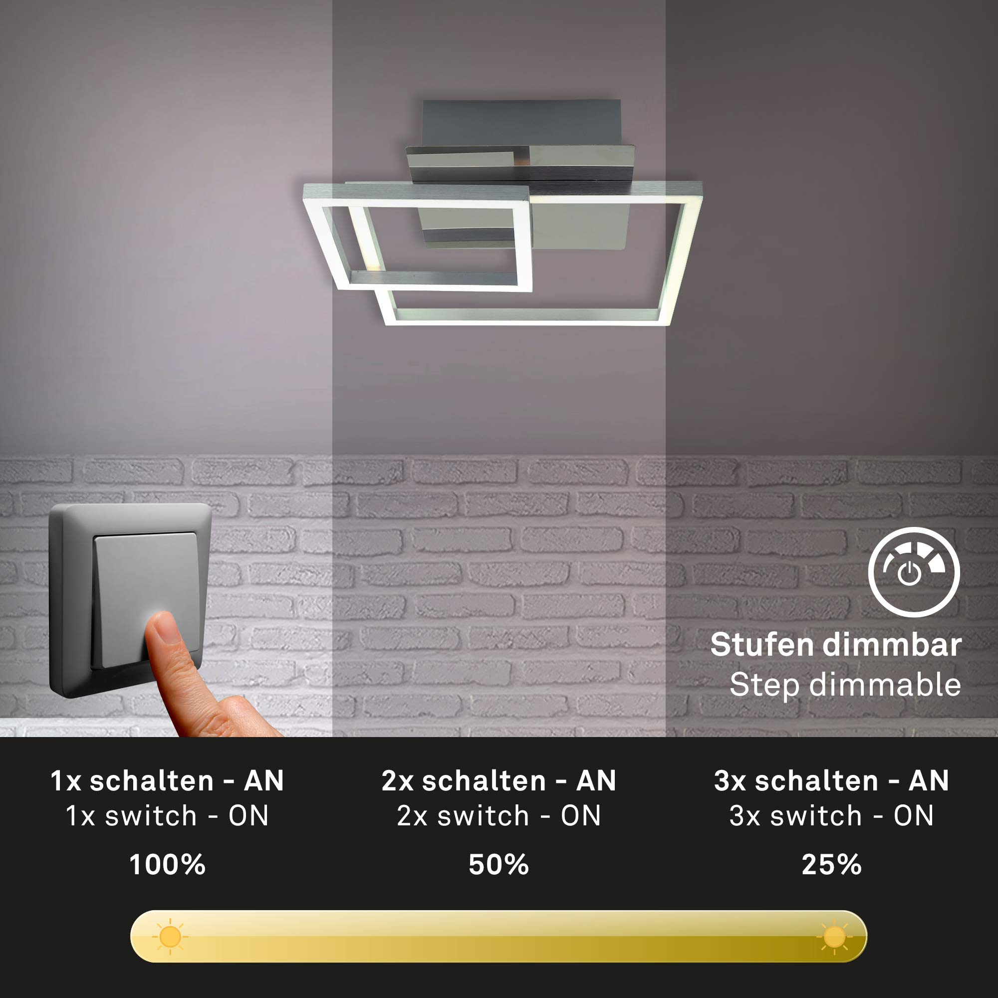 Briloner Leuchten - Lampa sufitowa, lampa sufitowa ściemniana, wraz z funkcją pamięci, 1 moduł LED obrotowy, 19,6 W, 1500 lumenów, 3000 kelwinów, chromowane aluminium, 358 x 260 x 75 mm (dł. x szer. x wys.), 3118-018