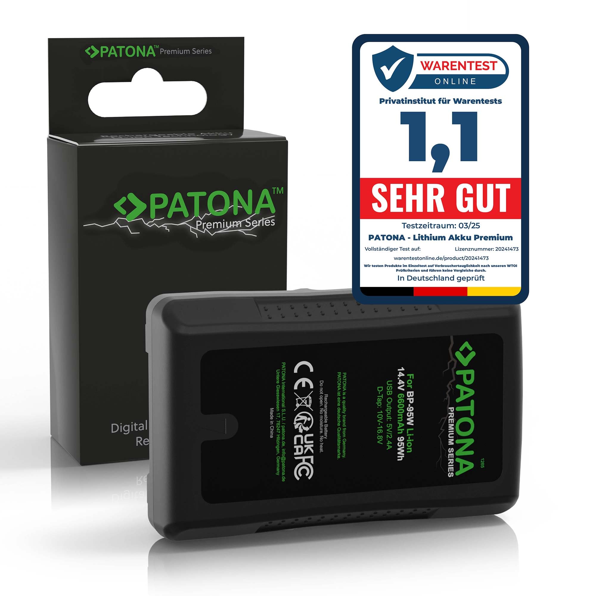 PATONA Premium BP-95W V-Mount Akku 6600mAh 95Wh 14,4V mit D-Tap & USB-Ausgang – für Sony Broadcast DSR-250P 600P 650P 652P, HDW-800P, PDW-850 – Dauerstrom für Drehs mit LED-Ladeanzeige