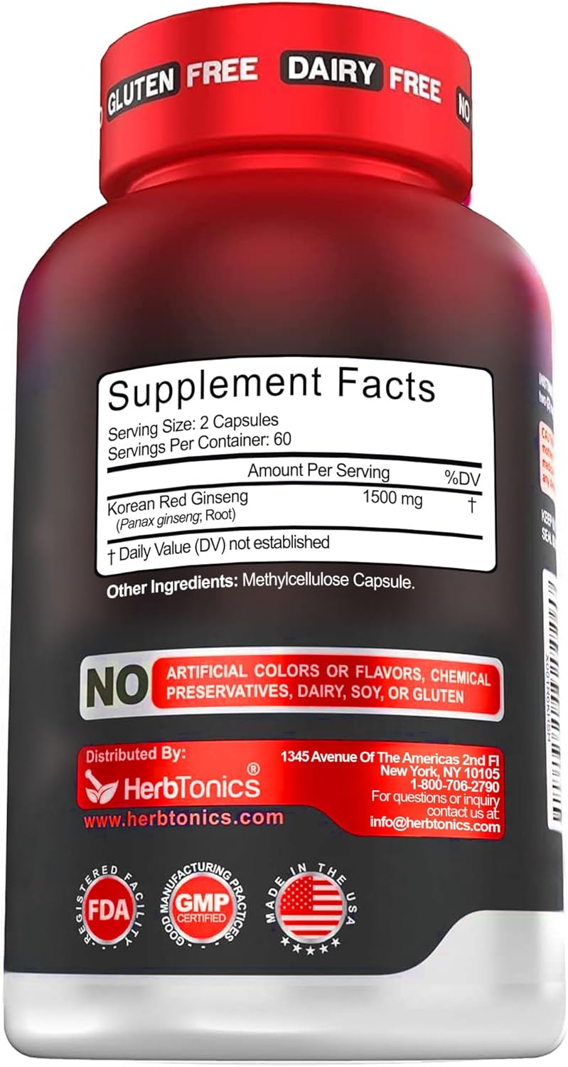 Herbtonics Korean Red Panax Ginseng 1500mg - Energy Supplement for Peak Performance, Focus & Vitality - High Potency Ginseng Root Extract - 120 Vegan Capsules - Image 11